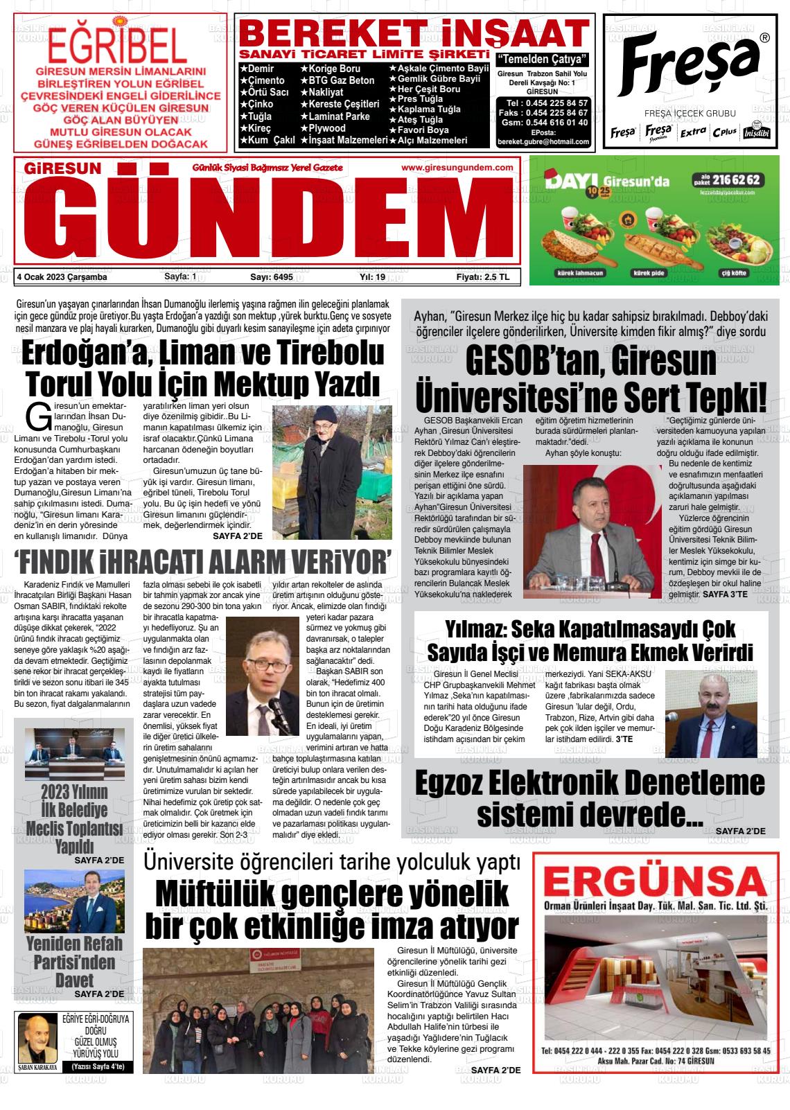 04 Ocak 2023 Giresun Gündem Gazete Manşeti