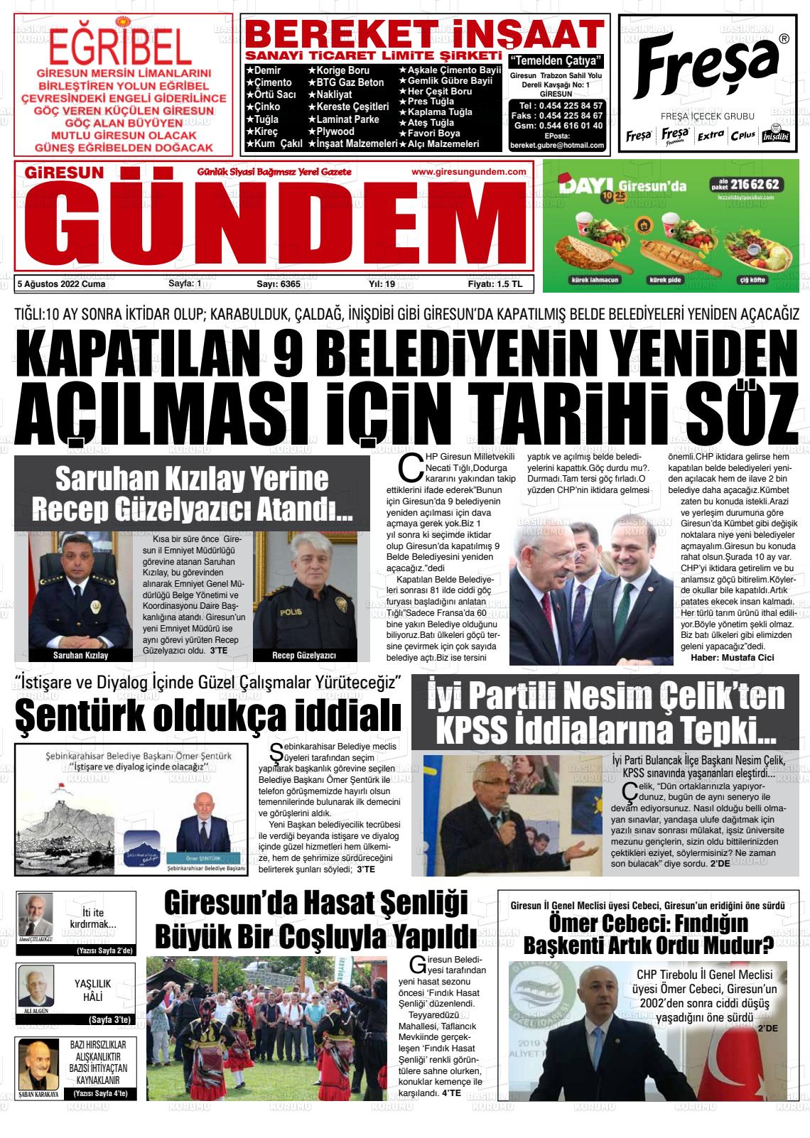 05 Ağustos 2022 Giresun Gündem Gazete Manşeti