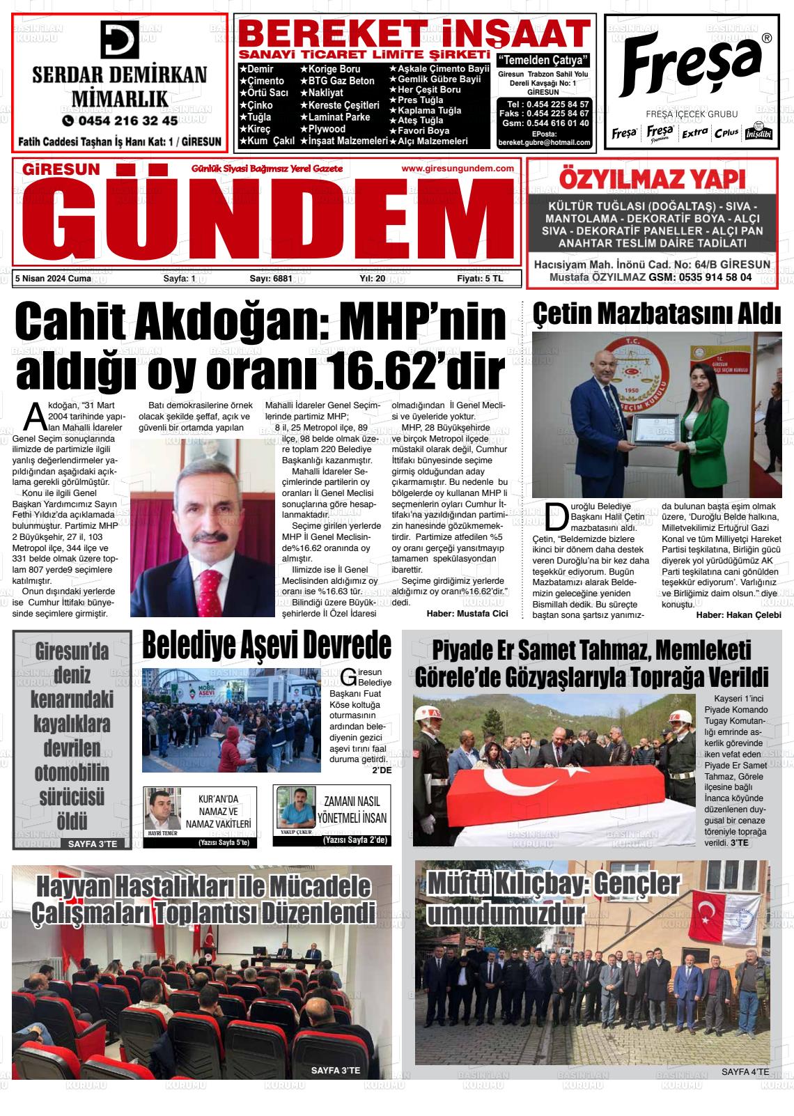 05 Nisan 2024 Giresun Gündem Gazete Manşeti