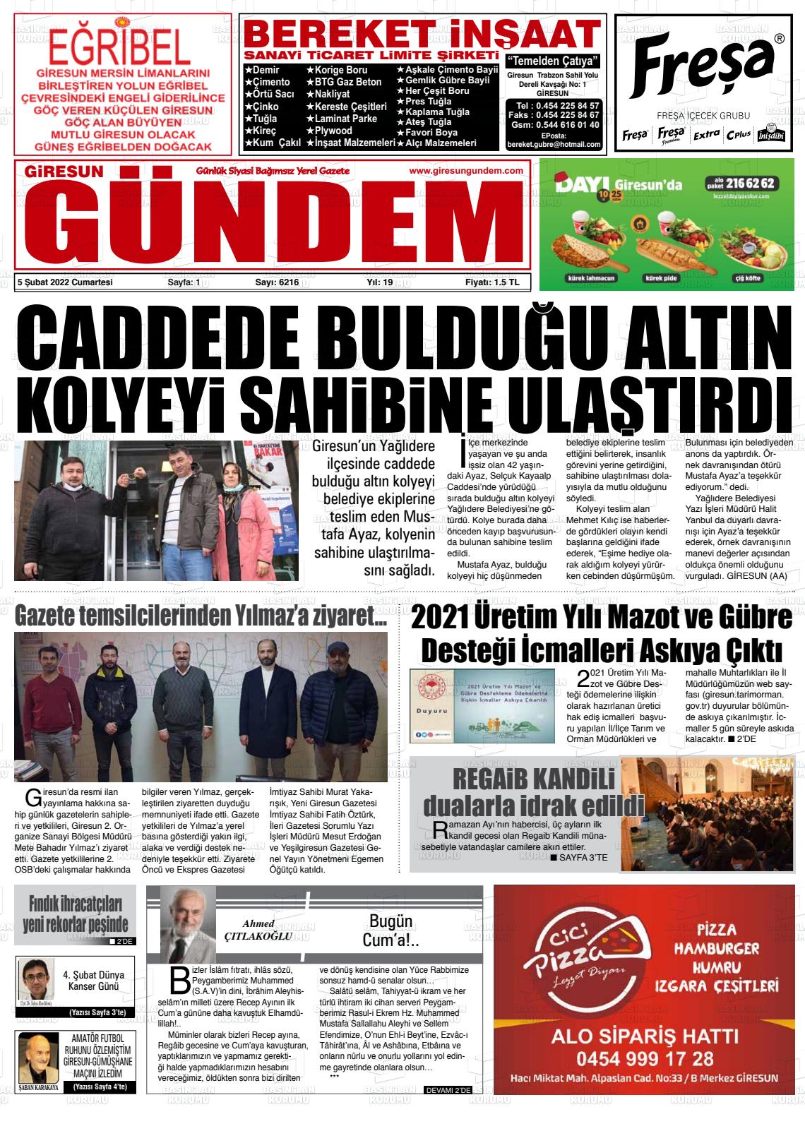 05 Şubat 2022 Giresun Gündem Gazete Manşeti