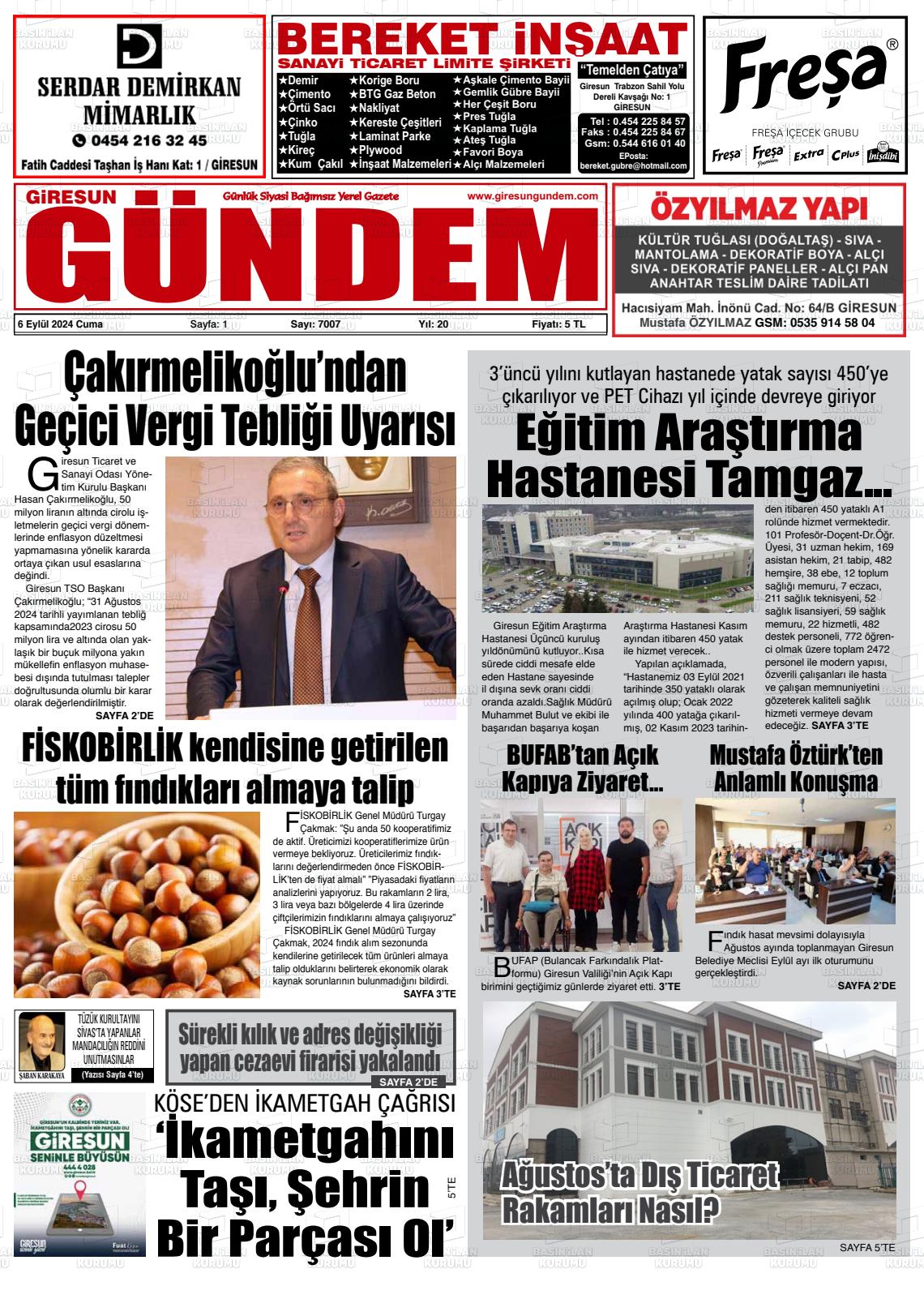 06 Eylül 2024 Giresun Gündem Gazete Manşeti