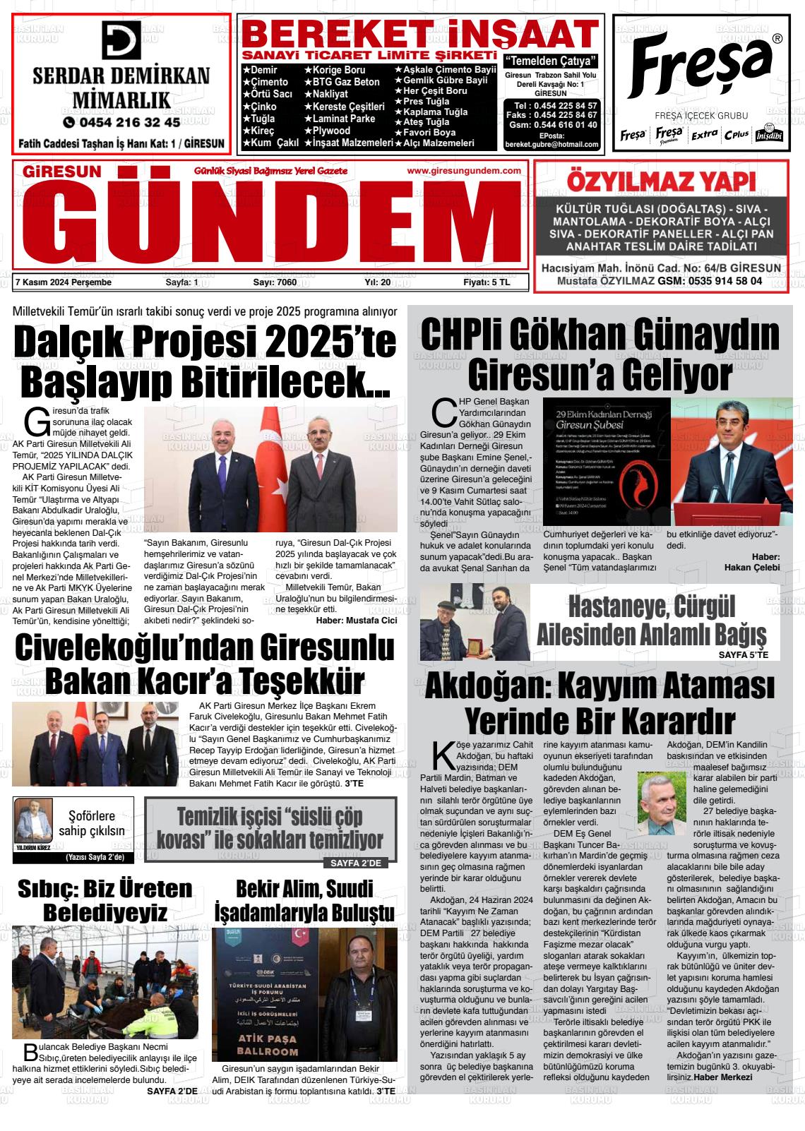 07 Kasım 2024 Giresun Gündem Gazete Manşeti