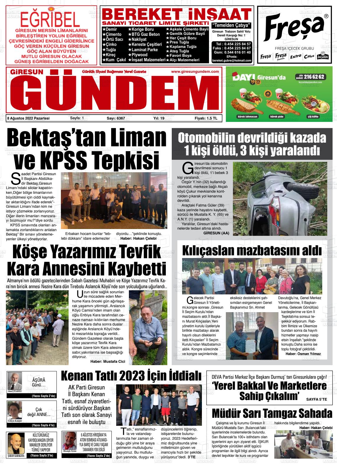 08 Ağustos 2022 Giresun Gündem Gazete Manşeti