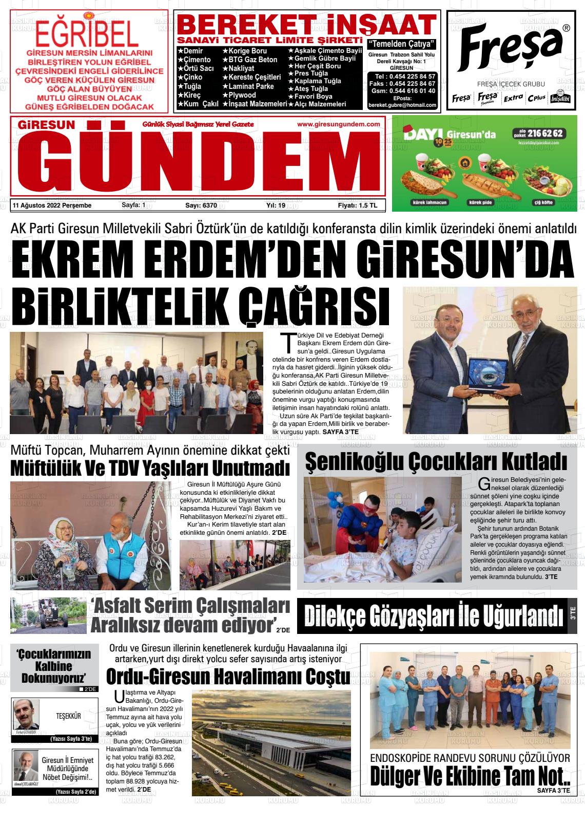 11 Ağustos 2022 Giresun Gündem Gazete Manşeti