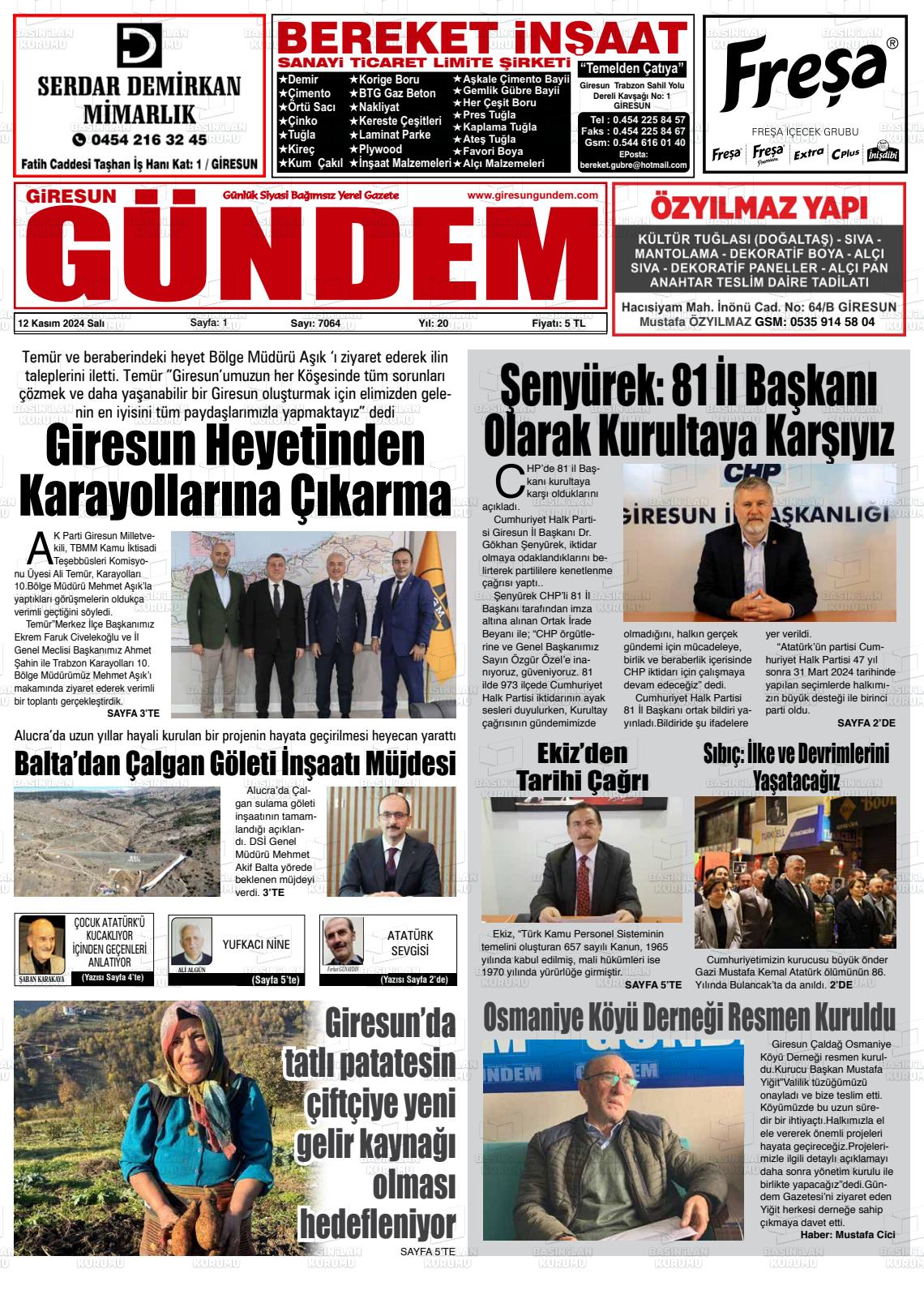 12 Kasım 2024 Giresun Gündem Gazete Manşeti