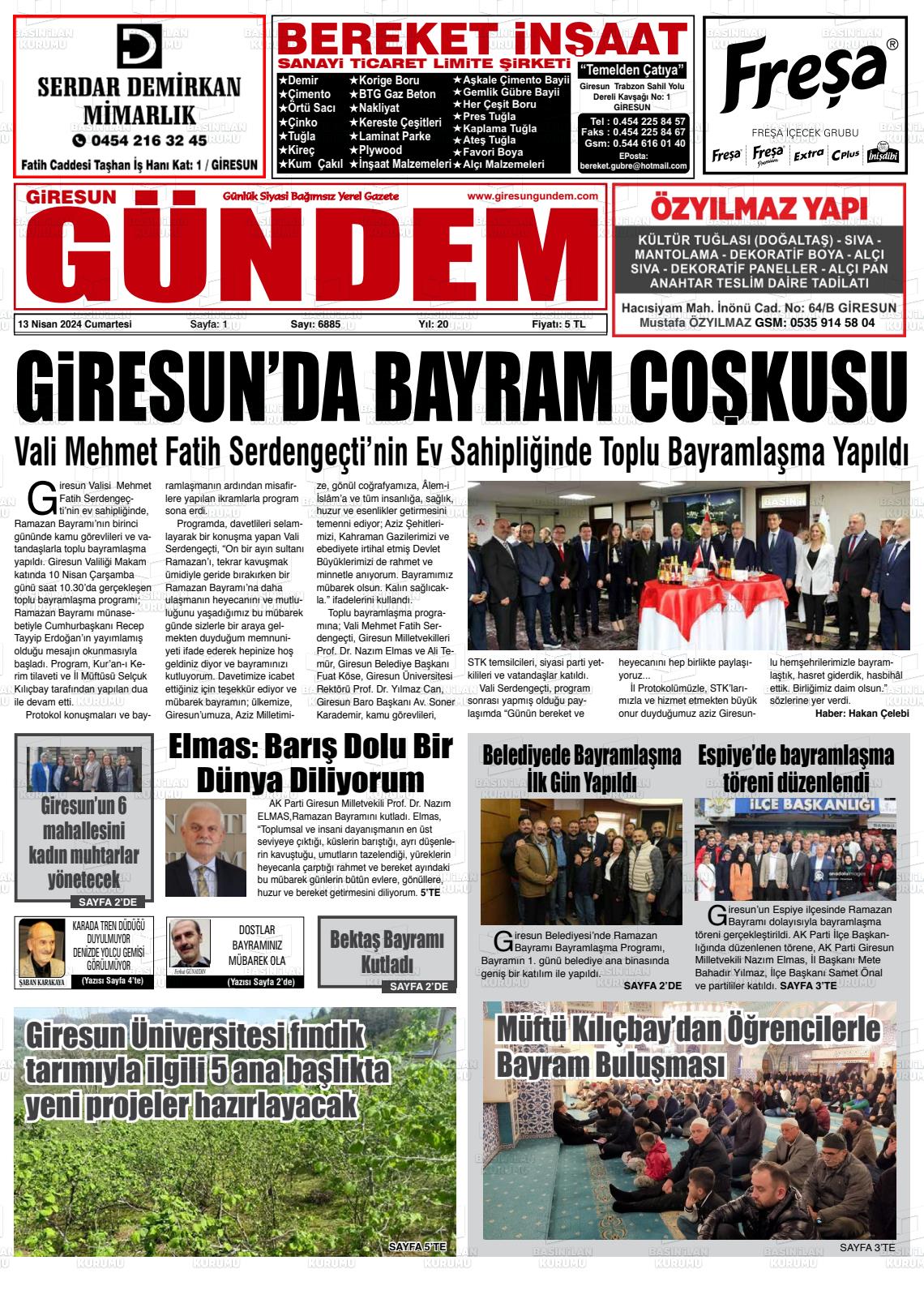 13 Nisan 2024 Giresun Gündem Gazete Manşeti