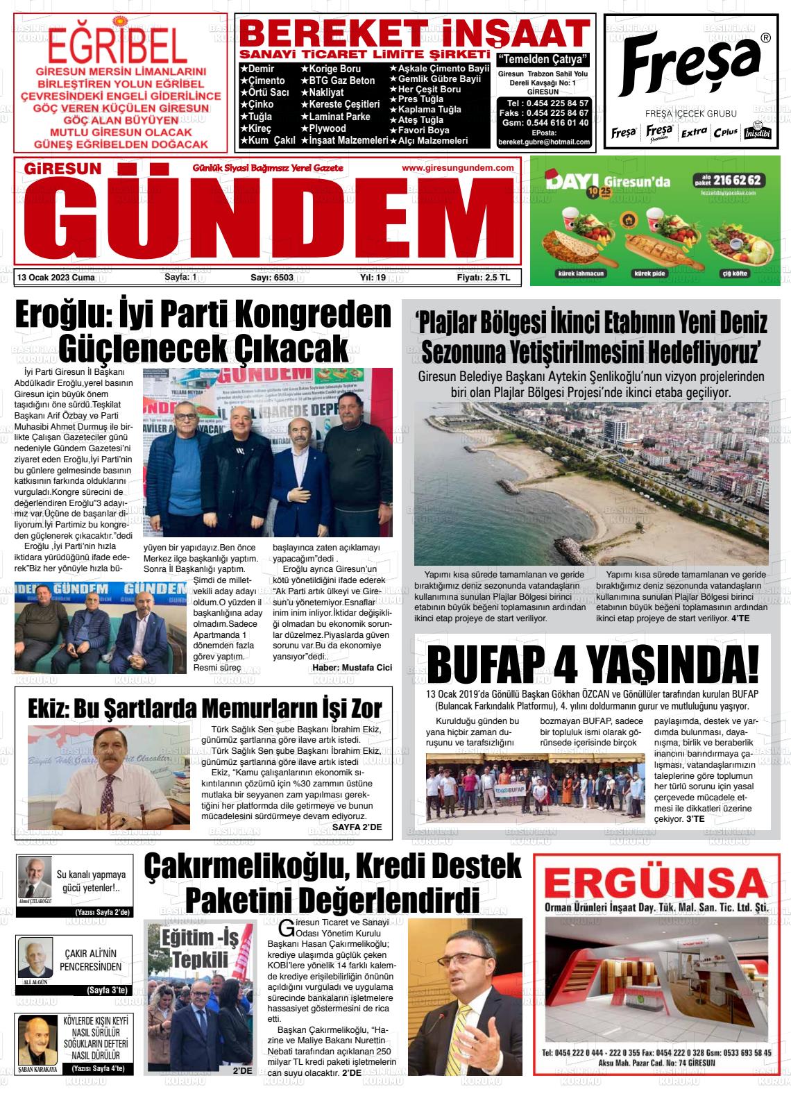 13 Ocak 2023 Giresun Gündem Gazete Manşeti