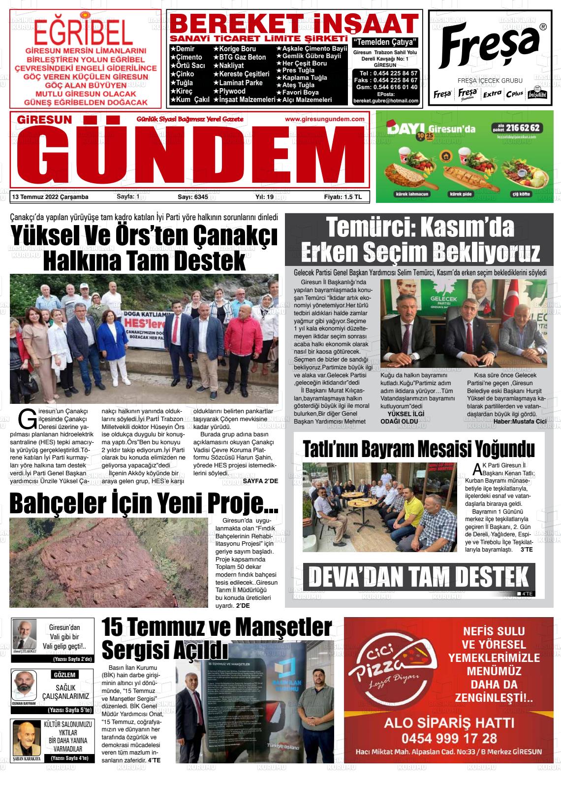 13 Temmuz 2022 Giresun Gündem Gazete Manşeti