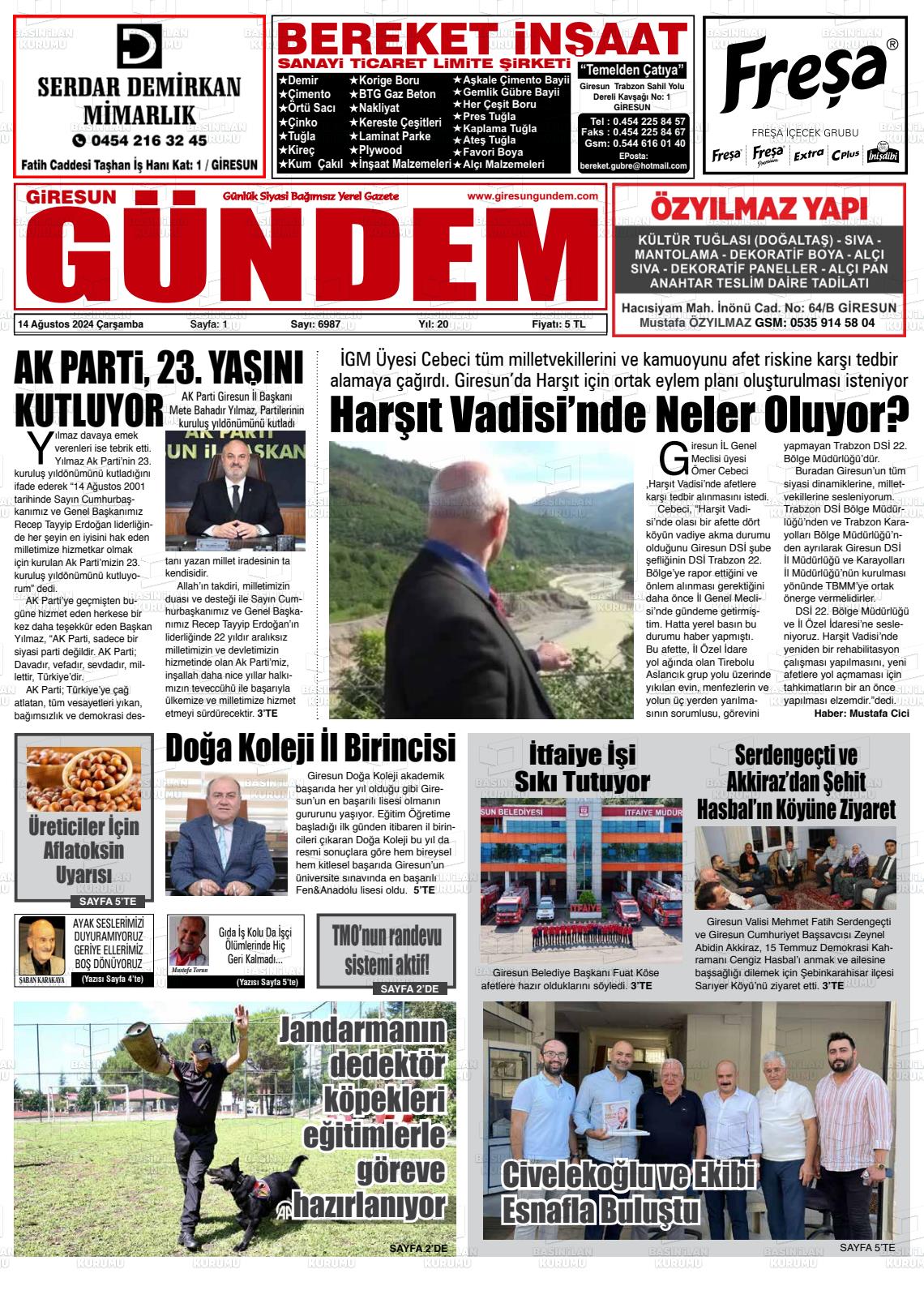 14 Ağustos 2024 Giresun Gündem Gazete Manşeti