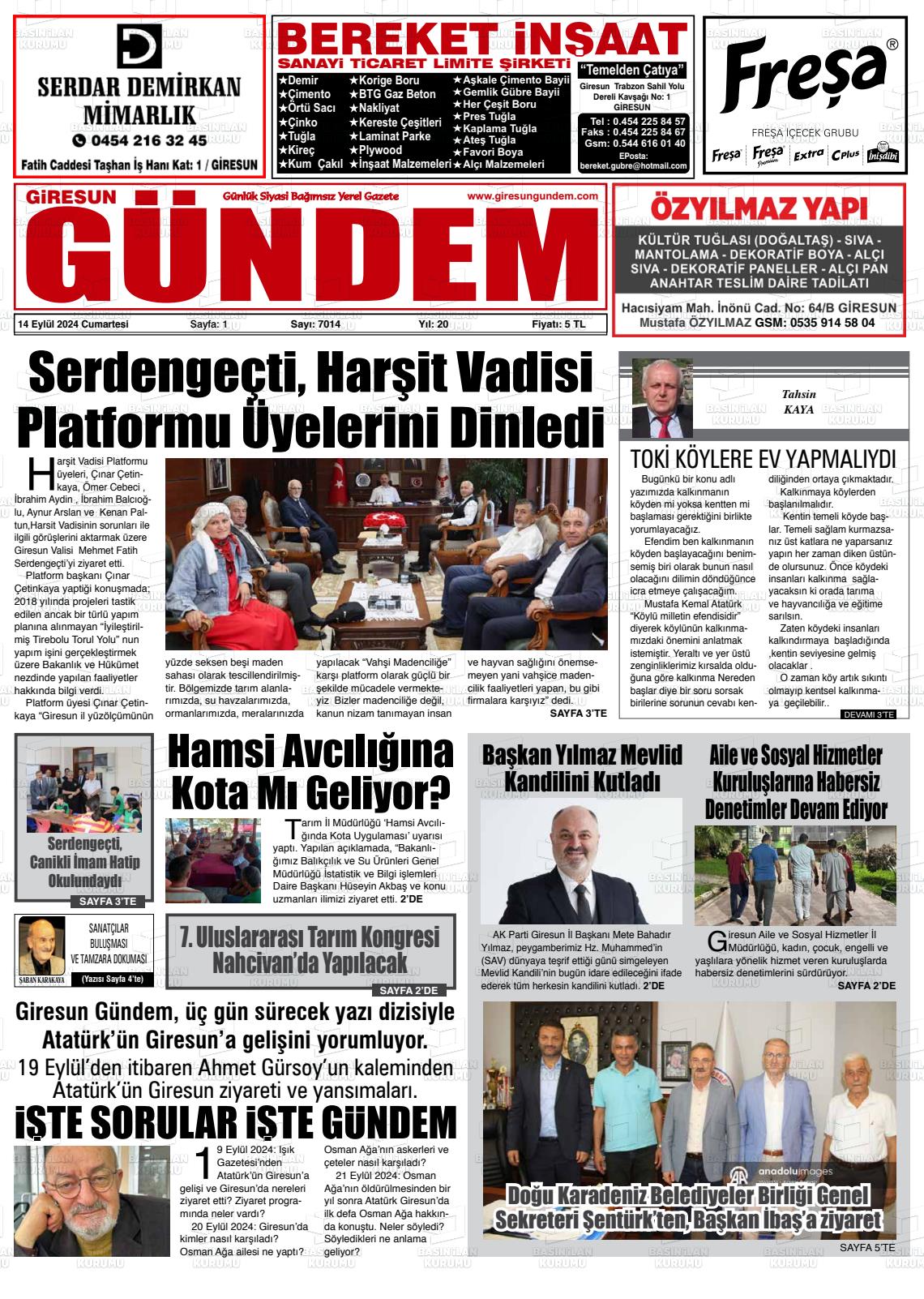 14 Eylül 2024 Giresun Gündem Gazete Manşeti