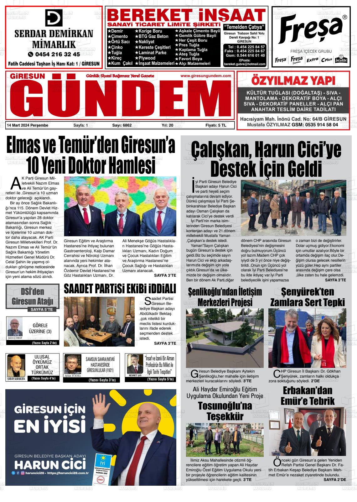 14 Mart 2024 Giresun Gündem Gazete Manşeti