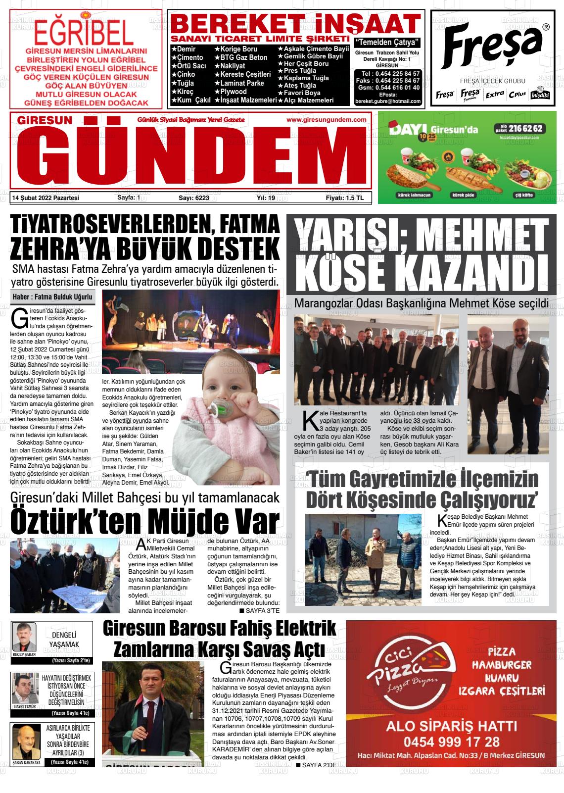 14 Şubat 2022 Giresun Gündem Gazete Manşeti