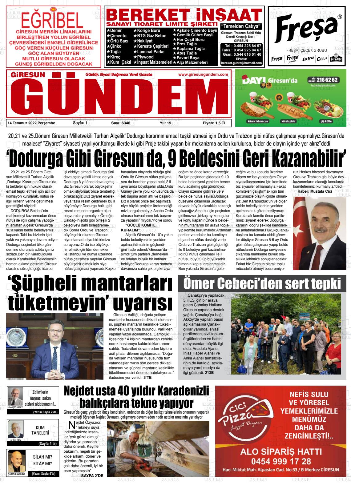 14 Temmuz 2022 Giresun Gündem Gazete Manşeti