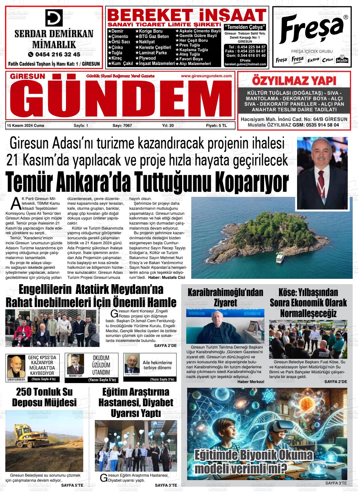 15 Kasım 2024 Giresun Gündem Gazete Manşeti