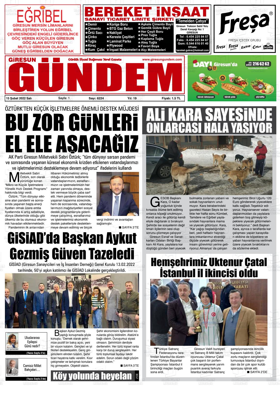 15 Şubat 2022 Giresun Gündem Gazete Manşeti