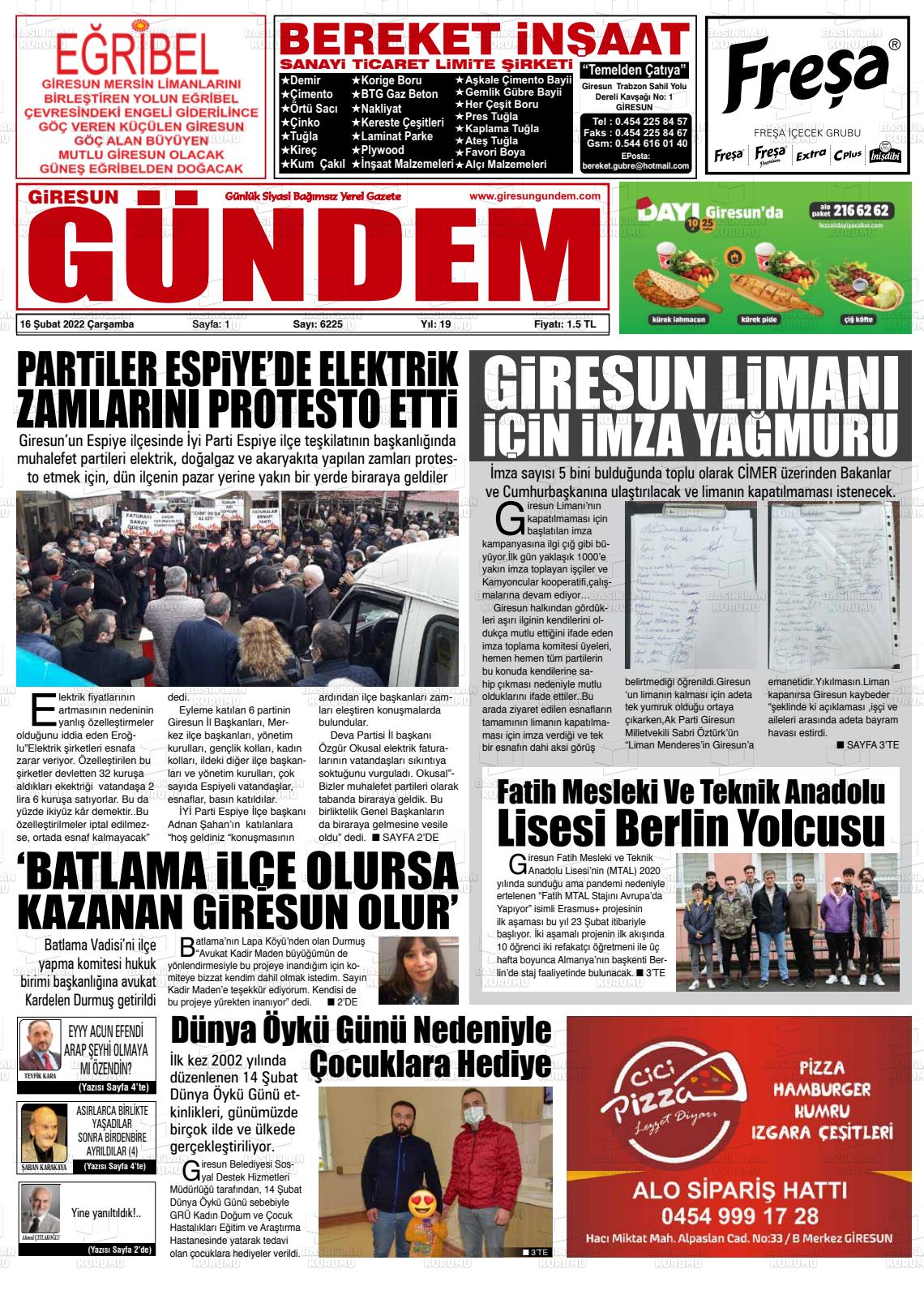 16 Şubat 2022 Giresun Gündem Gazete Manşeti