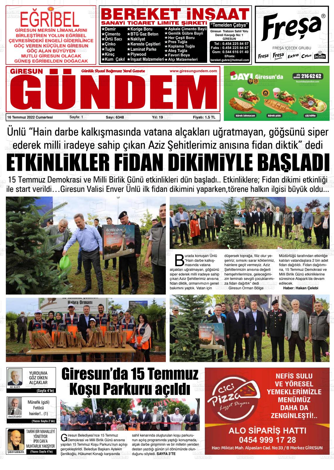 16 Temmuz 2022 Giresun Gündem Gazete Manşeti