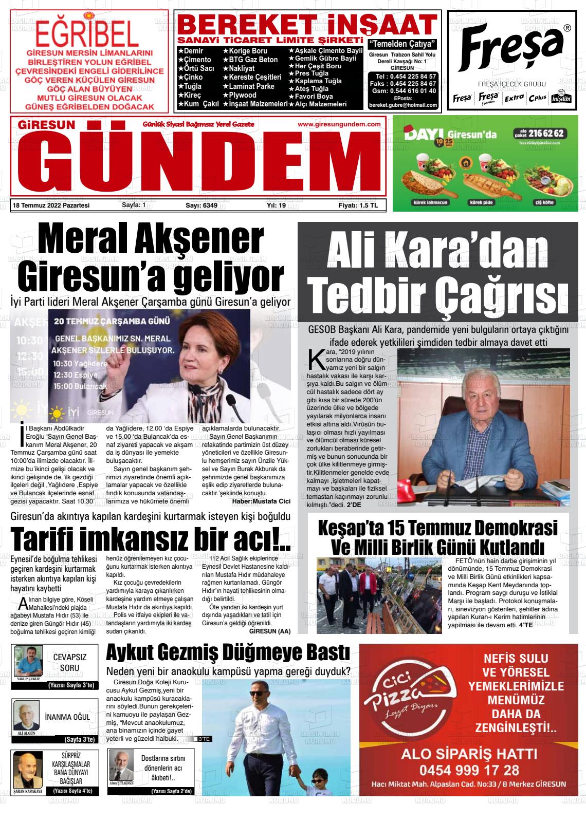 18 Temmuz 2022 Giresun Gündem Gazete Manşeti