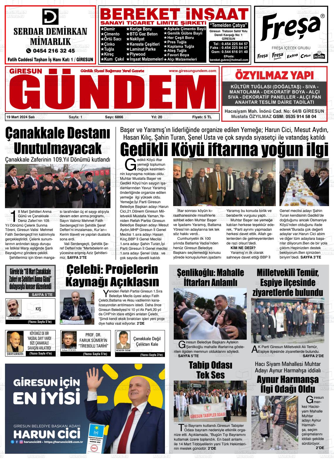 19 Mart 2024 Giresun Gündem Gazete Manşeti