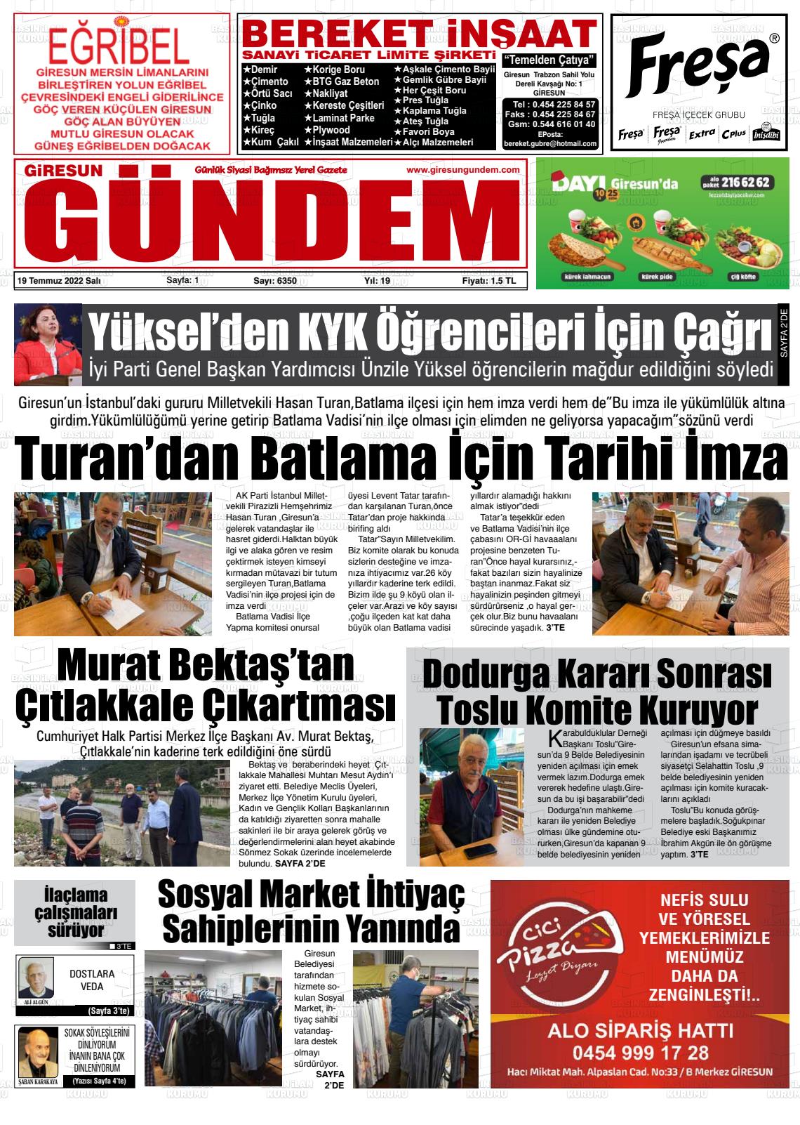 19 Temmuz 2022 Giresun Gündem Gazete Manşeti