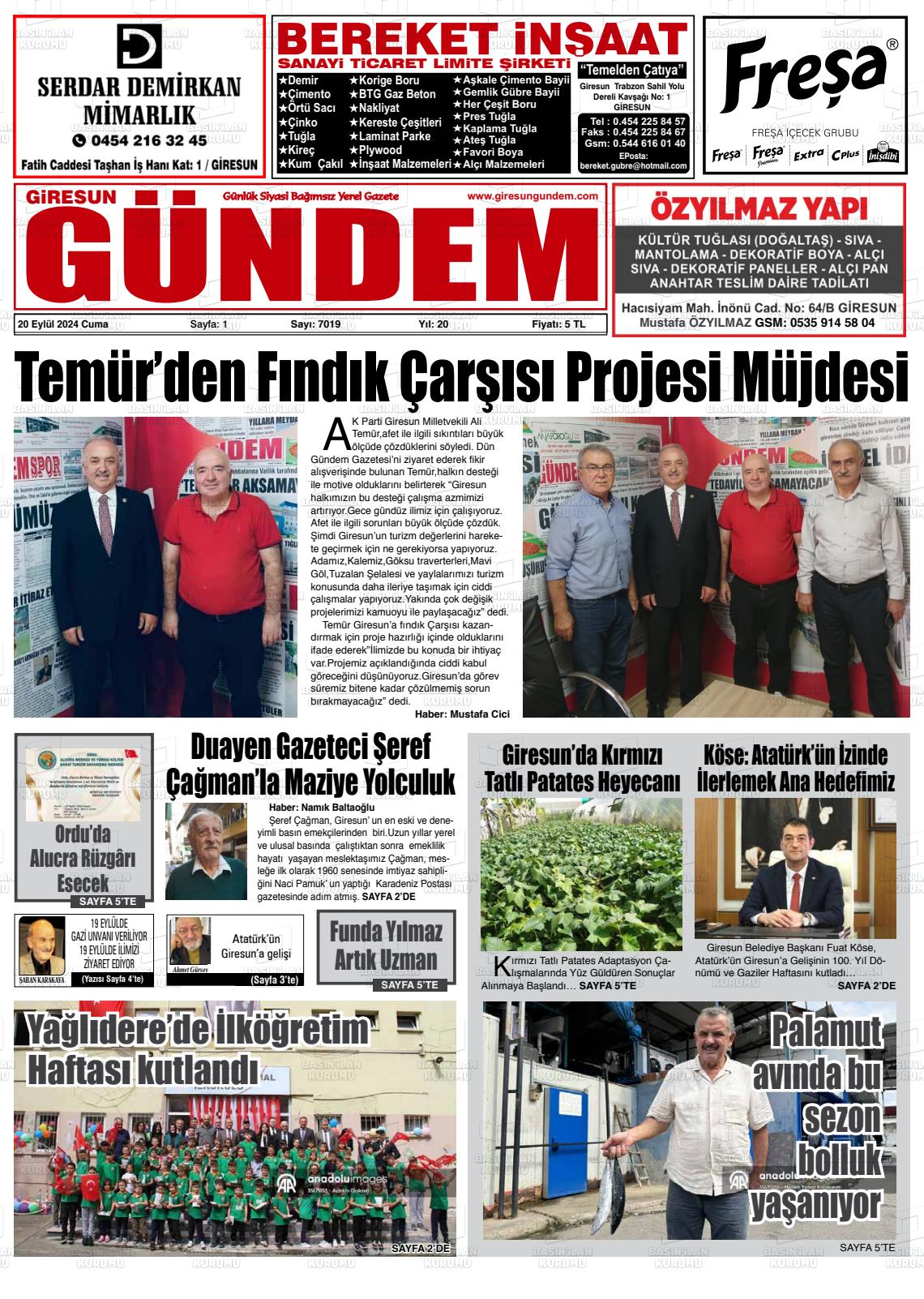 20 Eylül 2024 Giresun Gündem Gazete Manşeti