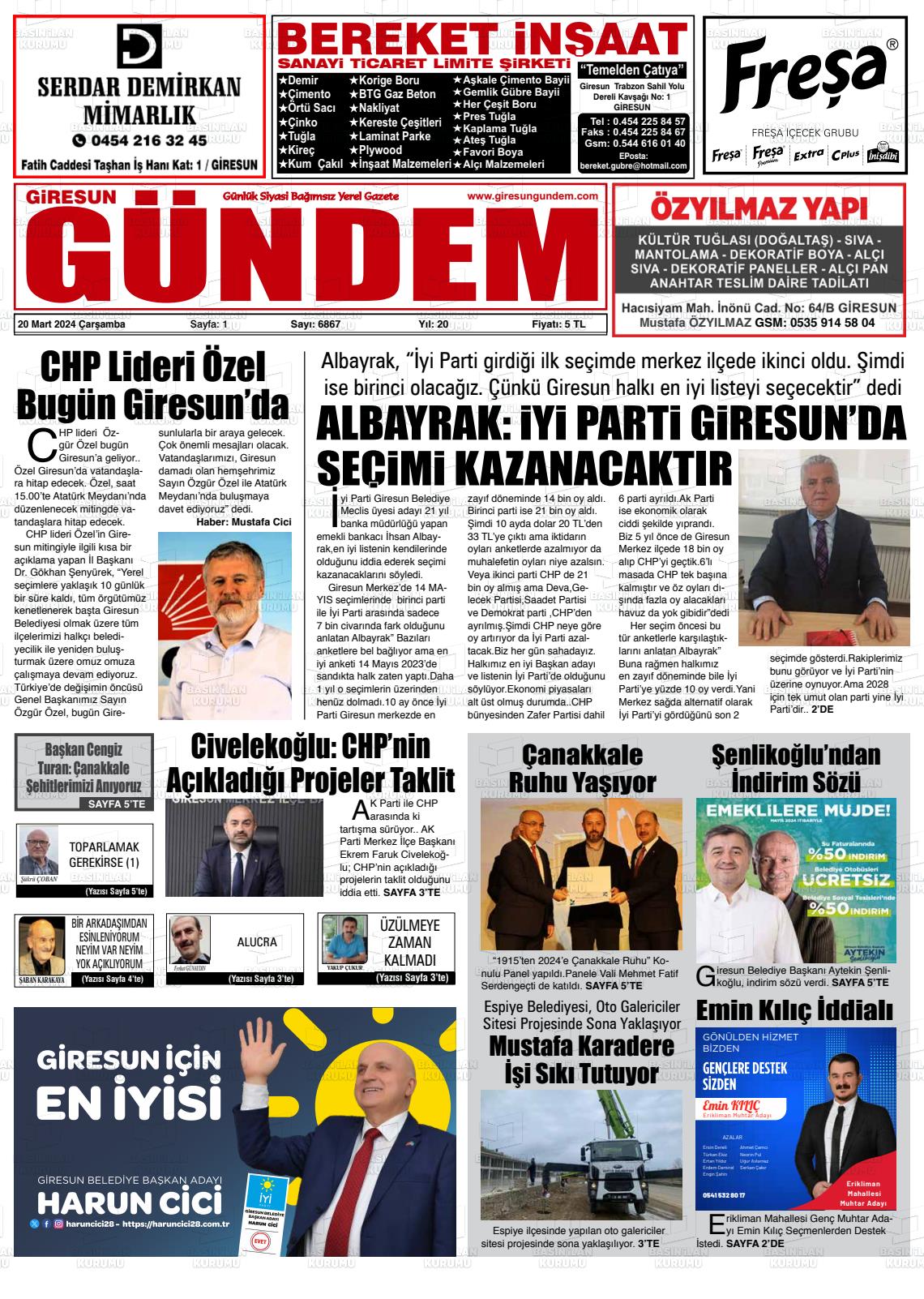 20 Mart 2024 Giresun Gündem Gazete Manşeti