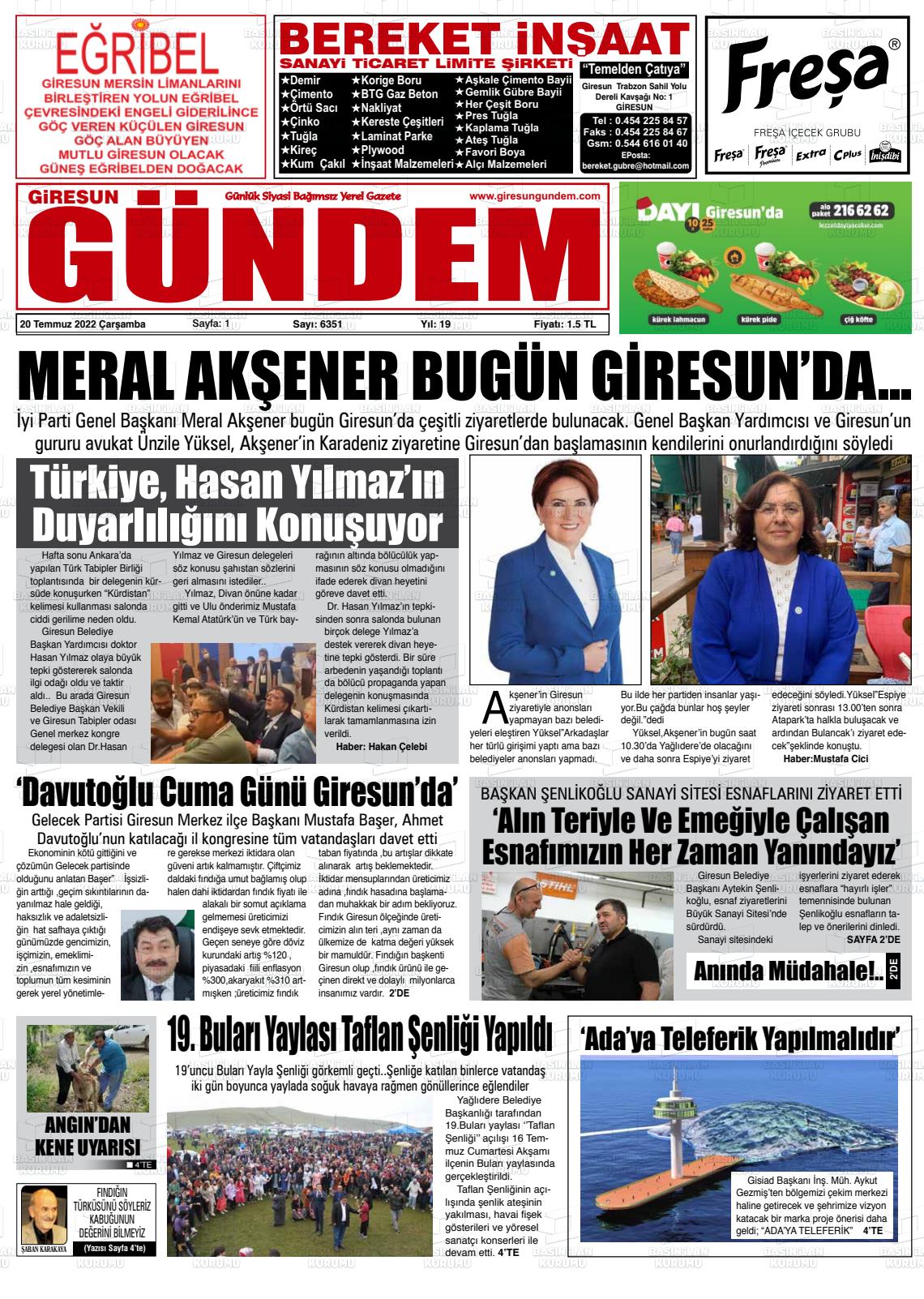 20 Temmuz 2022 Giresun Gündem Gazete Manşeti