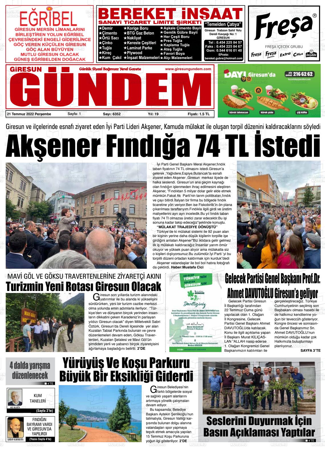 21 Temmuz 2022 Giresun Gündem Gazete Manşeti