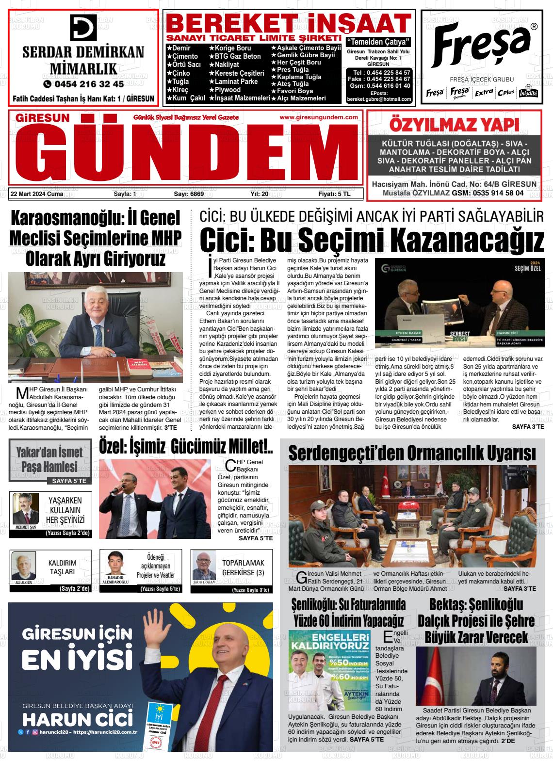 22 Mart 2024 Giresun Gündem Gazete Manşeti