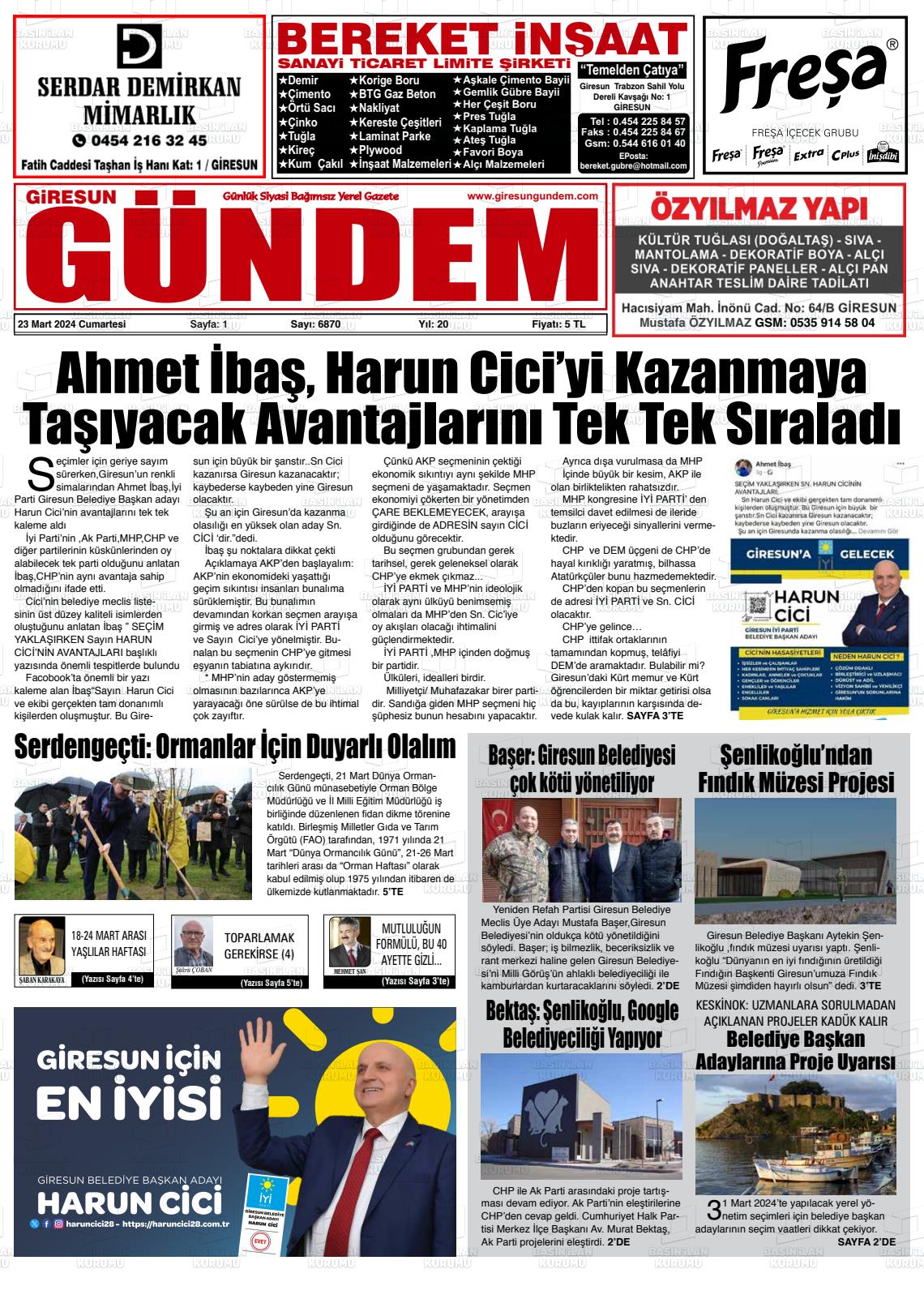 23 Mart 2024 Giresun Gündem Gazete Manşeti