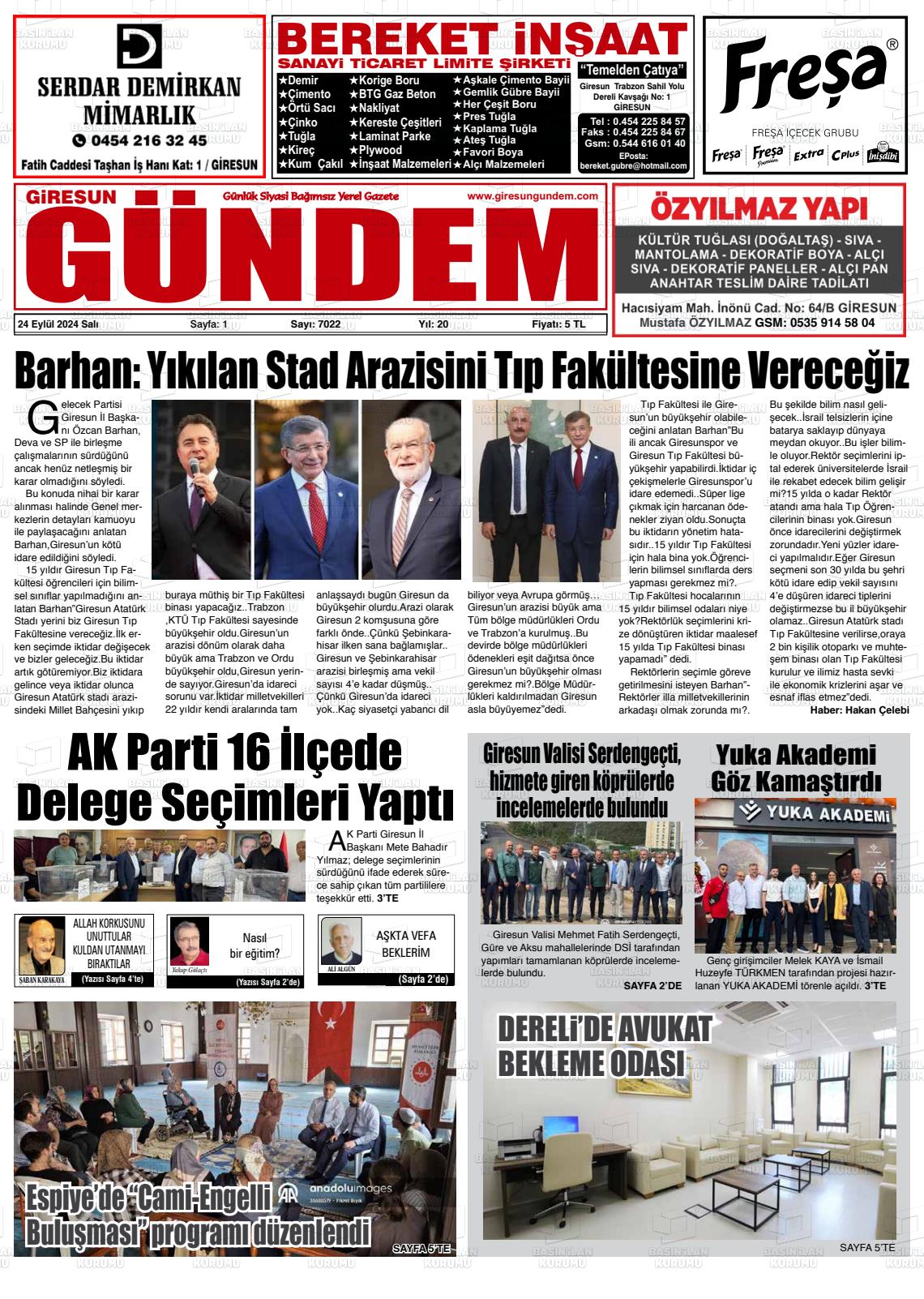 24 Eylül 2024 Giresun Gündem Gazete Manşeti