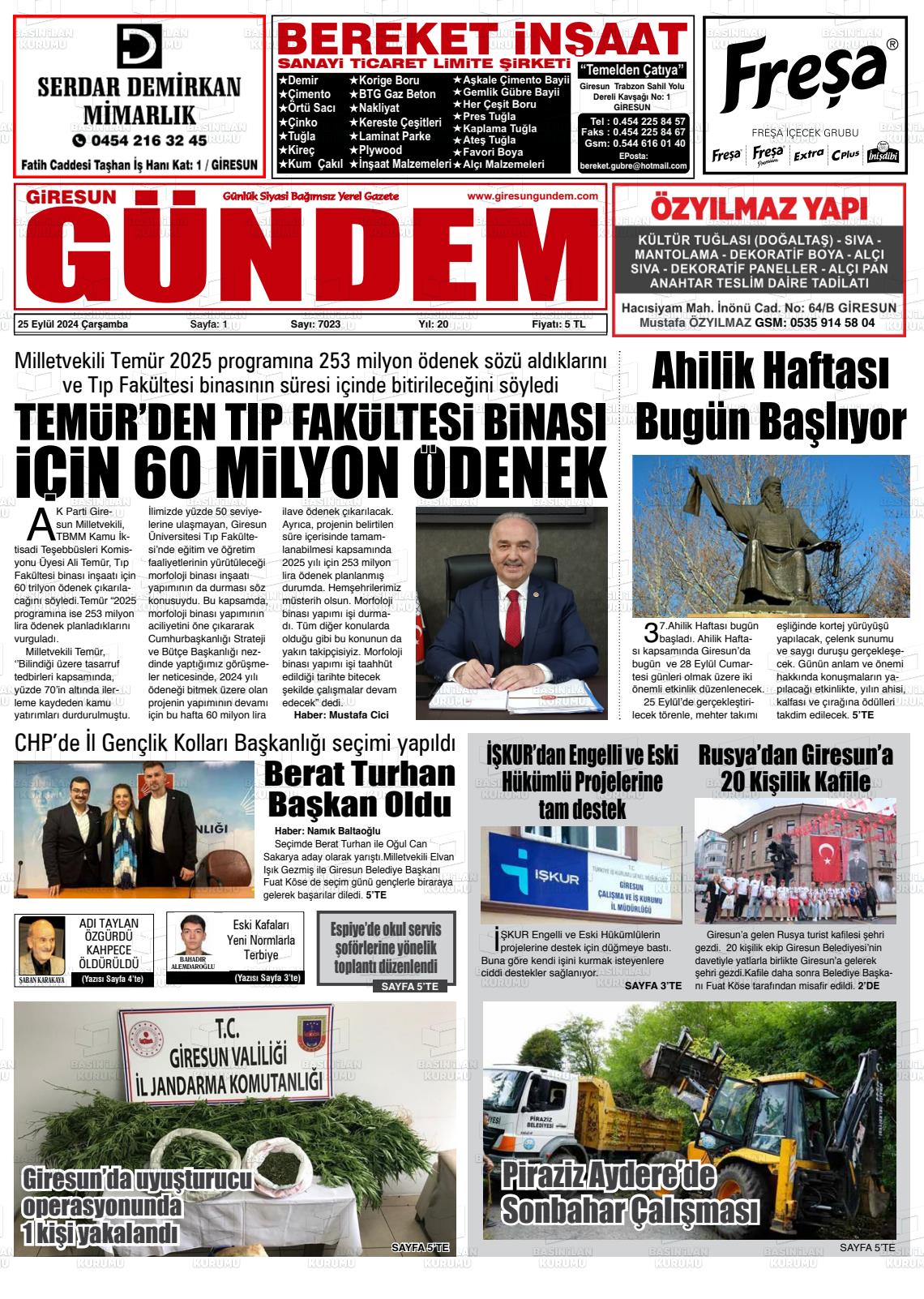 25 Eylül 2024 Giresun Gündem Gazete Manşeti