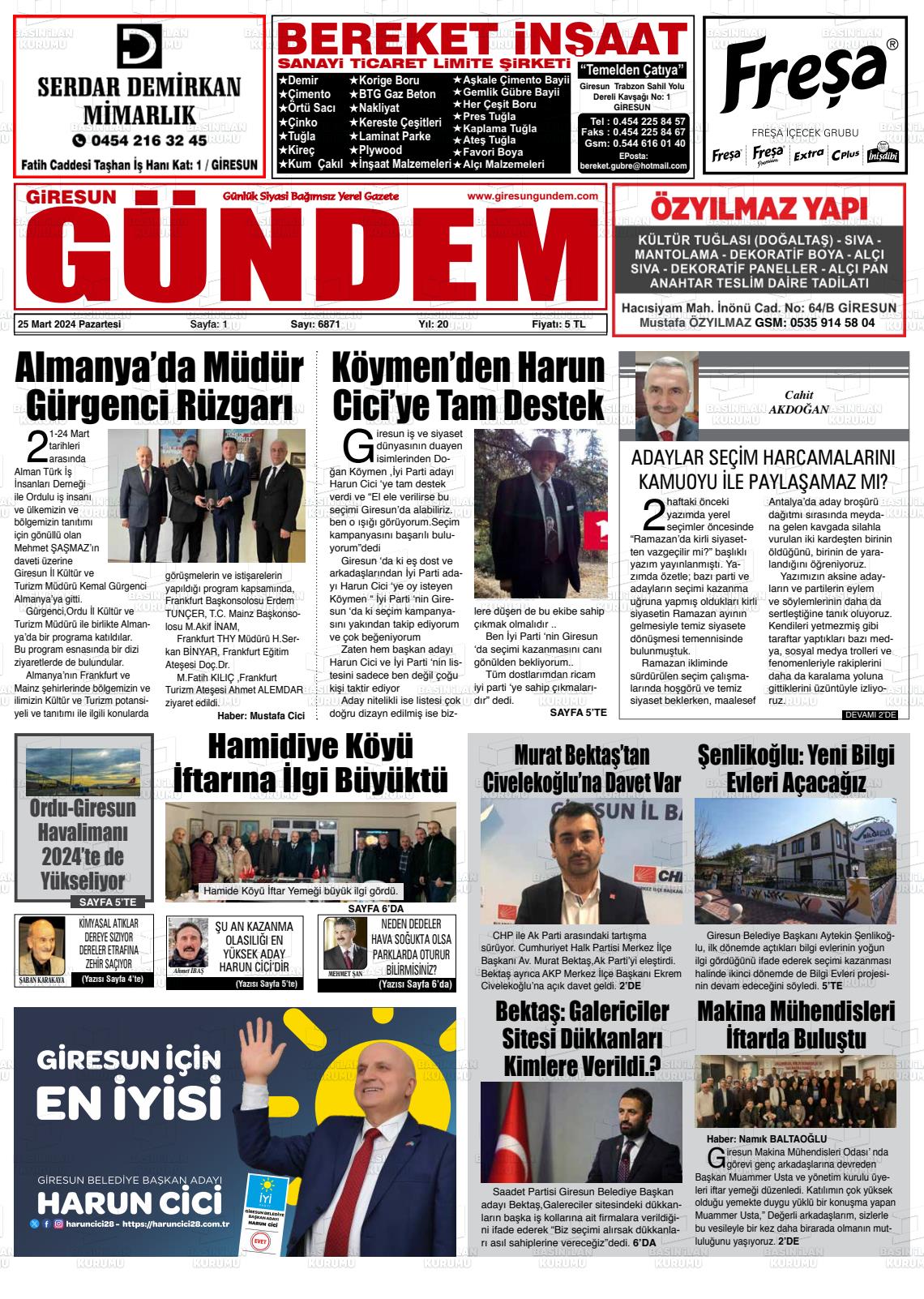 25 Mart 2024 Giresun Gündem Gazete Manşeti