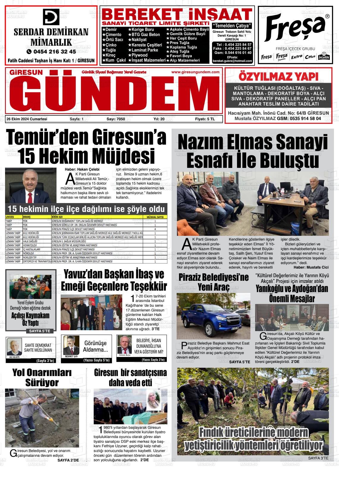 26 Ekim 2024 Giresun Gündem Gazete Manşeti