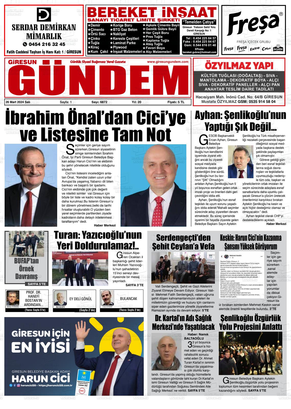 26 Mart 2024 Giresun Gündem Gazete Manşeti