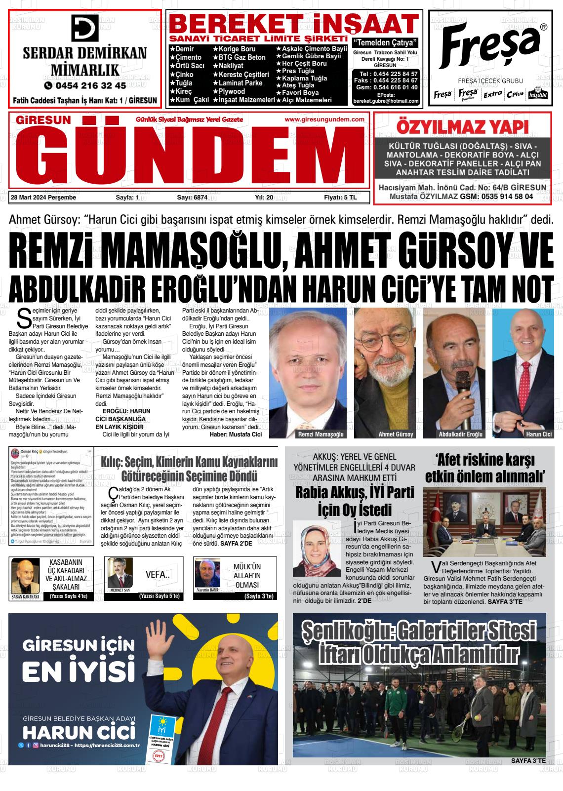 28 Mart 2024 Giresun Gündem Gazete Manşeti