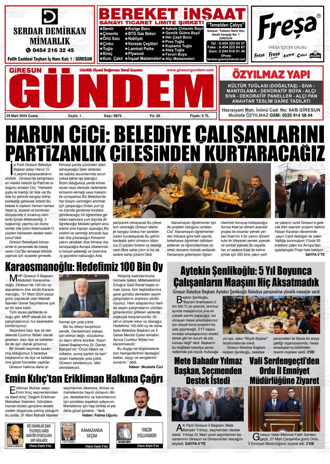 29 Mart 2024 Giresun Gündem Gazete Manşeti