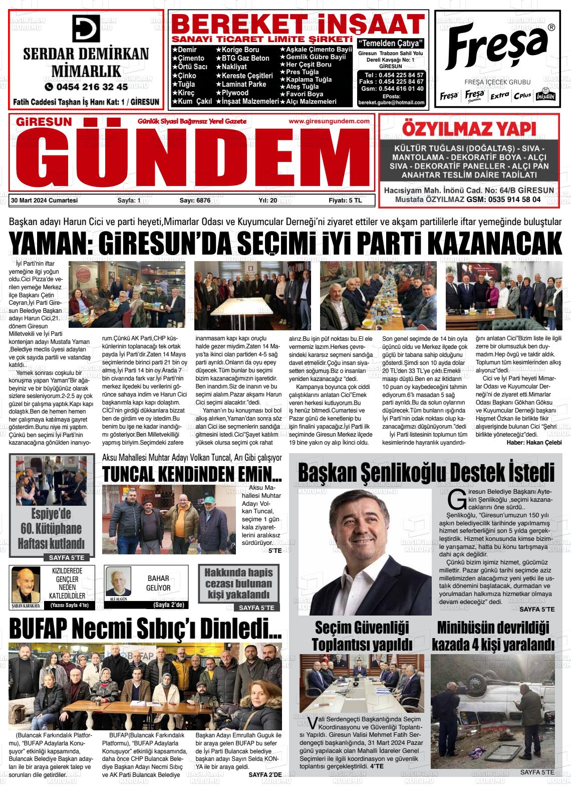 30 Mart 2024 Giresun Gündem Gazete Manşeti