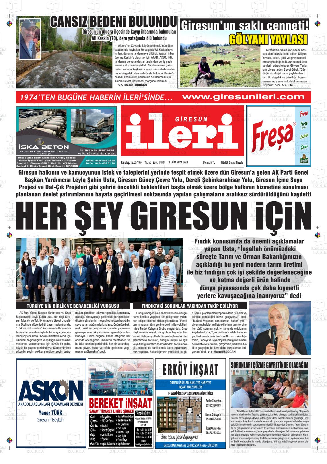 01 Ekim 2024 Giresun İleri Gazete Manşeti