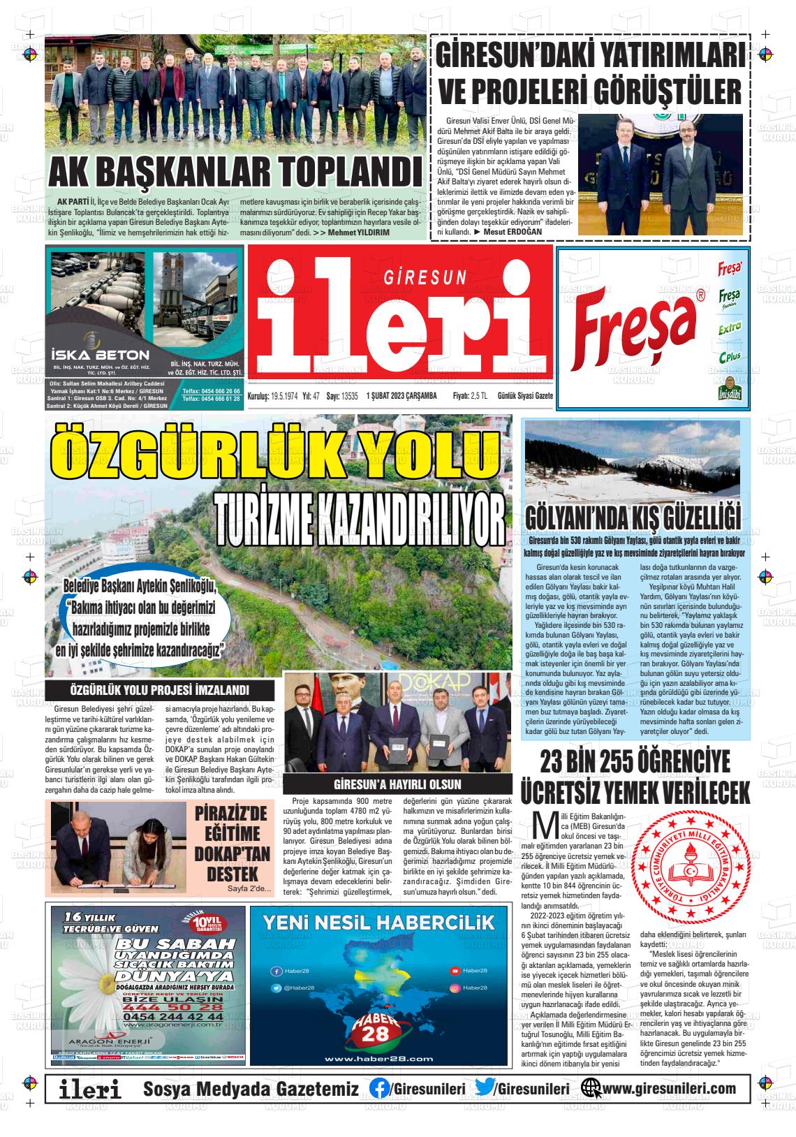 01 Şubat 2023 Giresun İleri Gazete Manşeti