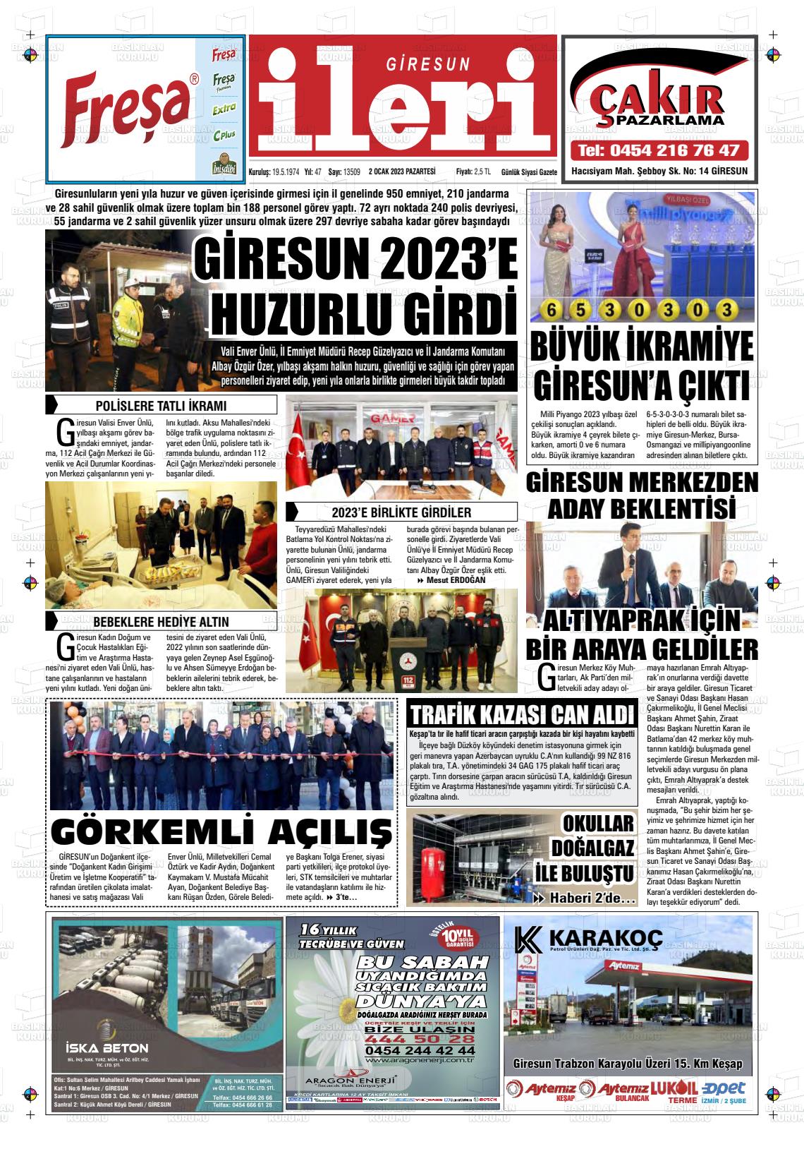 02 Ocak 2023 Giresun İleri Gazete Manşeti