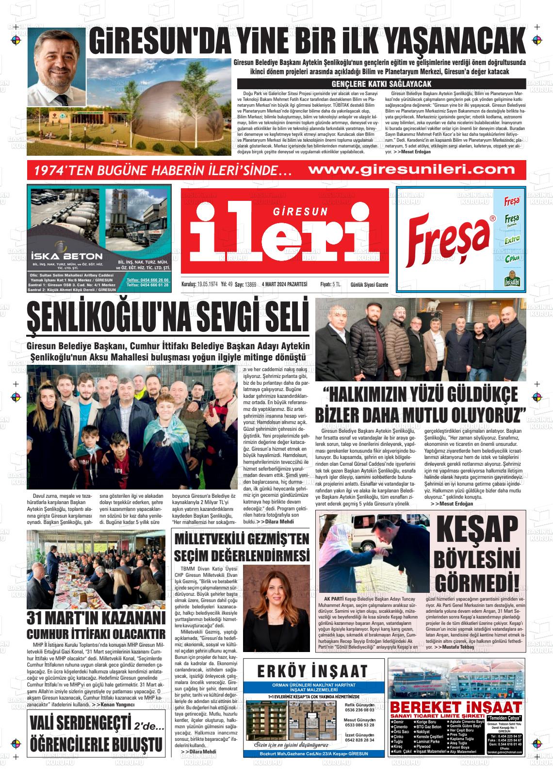 04 Mart 2024 Giresun İleri Gazete Manşeti