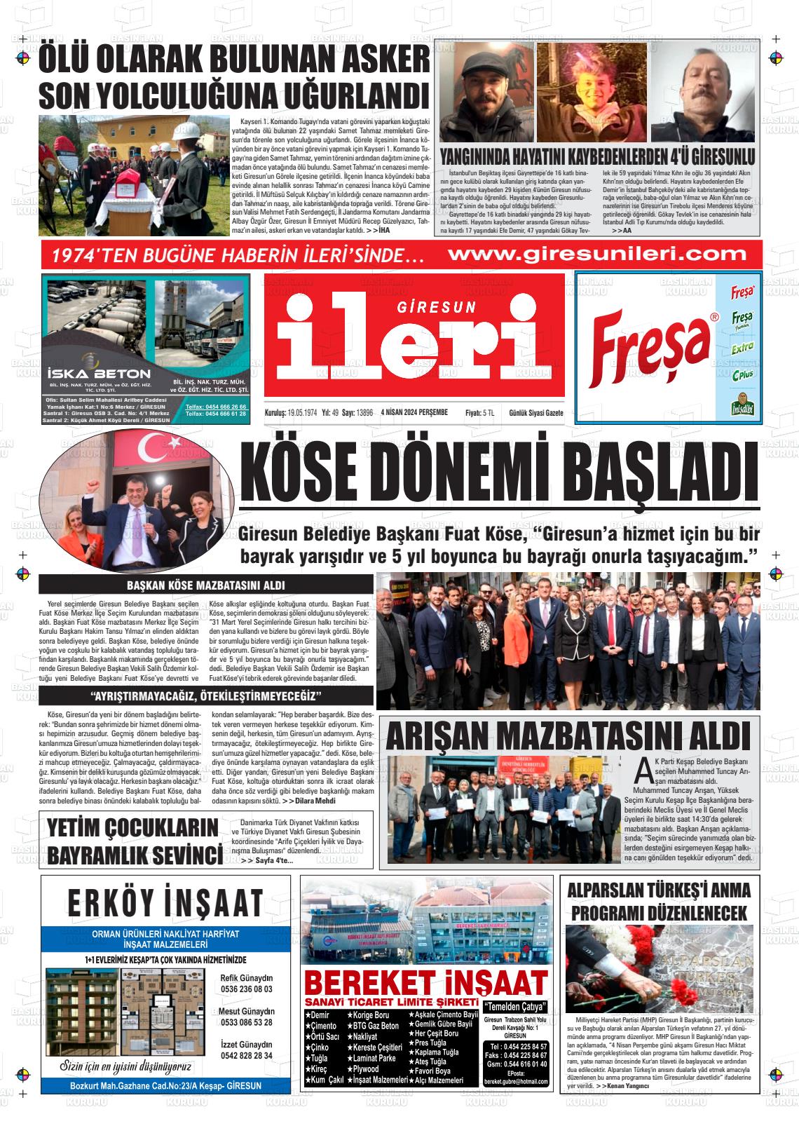 04 Nisan 2024 Giresun İleri Gazete Manşeti