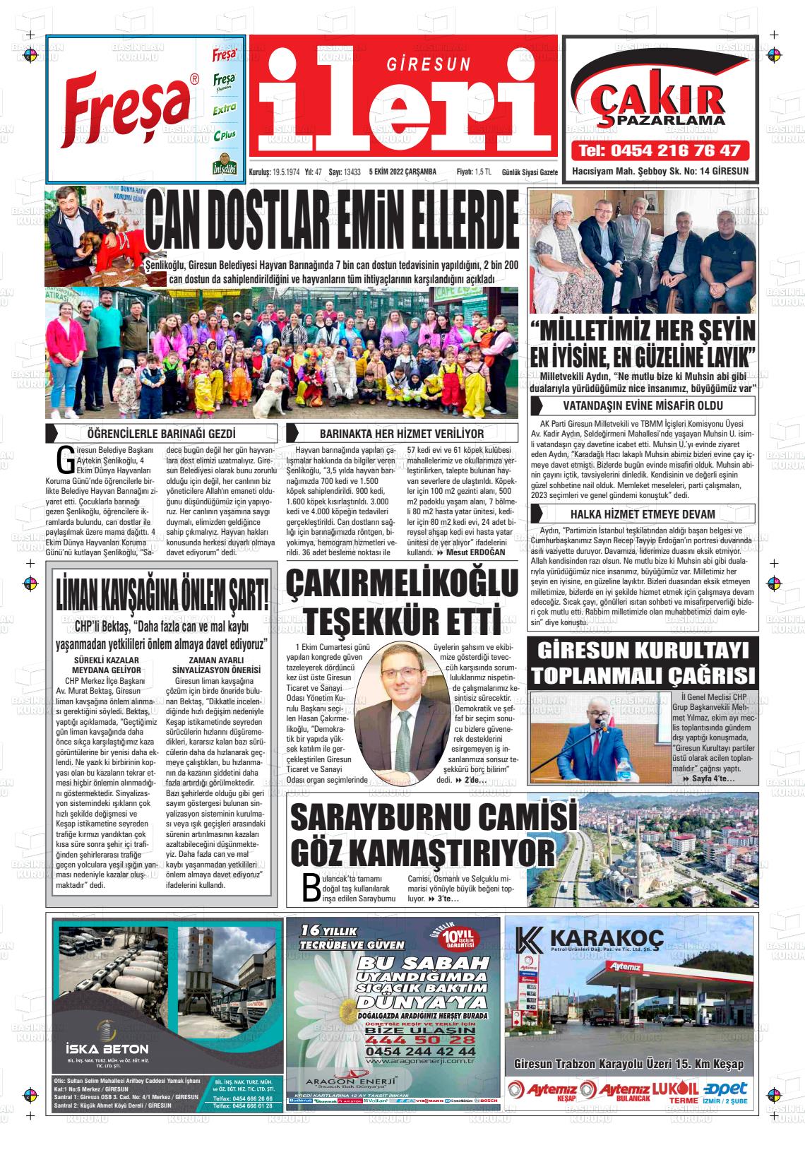 05 Ekim 2022 Giresun İleri Gazete Manşeti