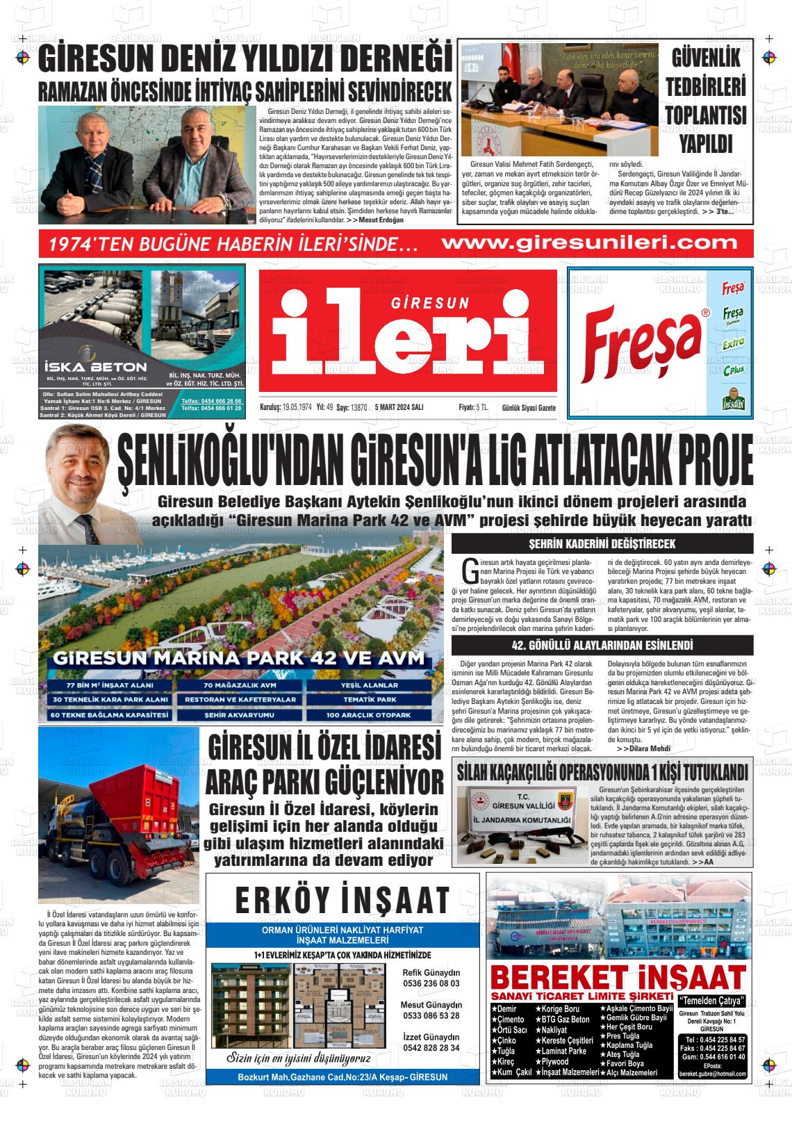 05 Mart 2024 Giresun İleri Gazete Manşeti