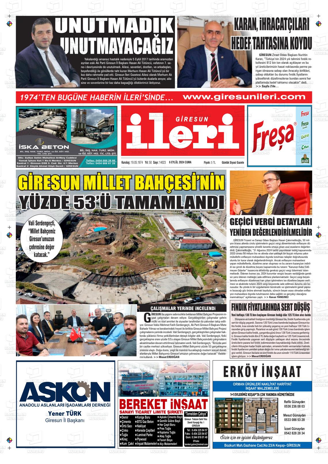 06 Eylül 2024 Giresun İleri Gazete Manşeti