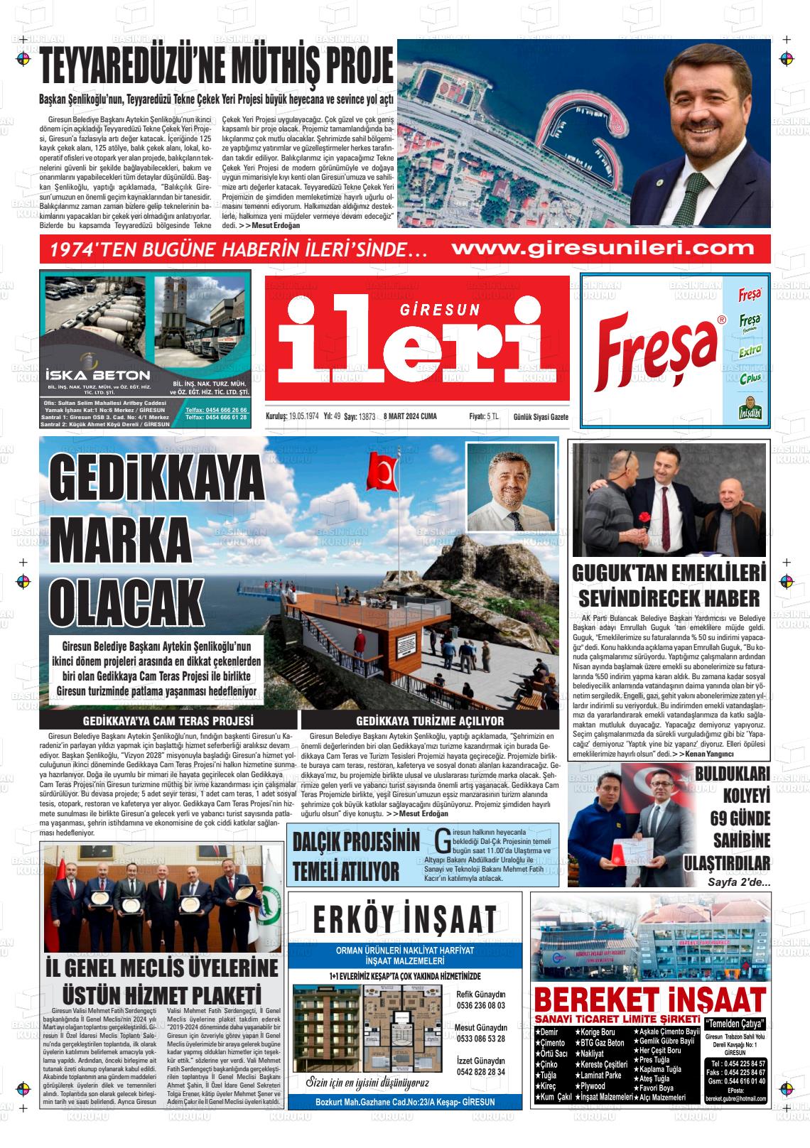 08 Mart 2024 Giresun İleri Gazete Manşeti