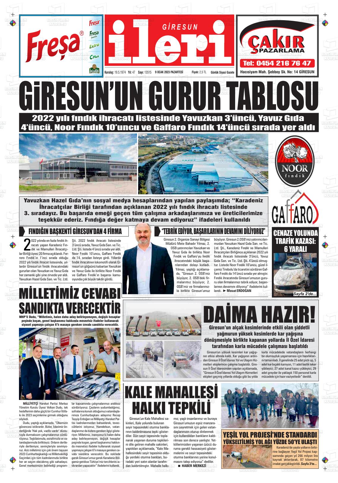 09 Ocak 2023 Giresun İleri Gazete Manşeti