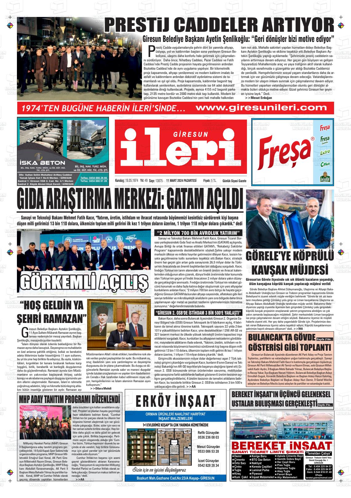 11 Mart 2024 Giresun İleri Gazete Manşeti