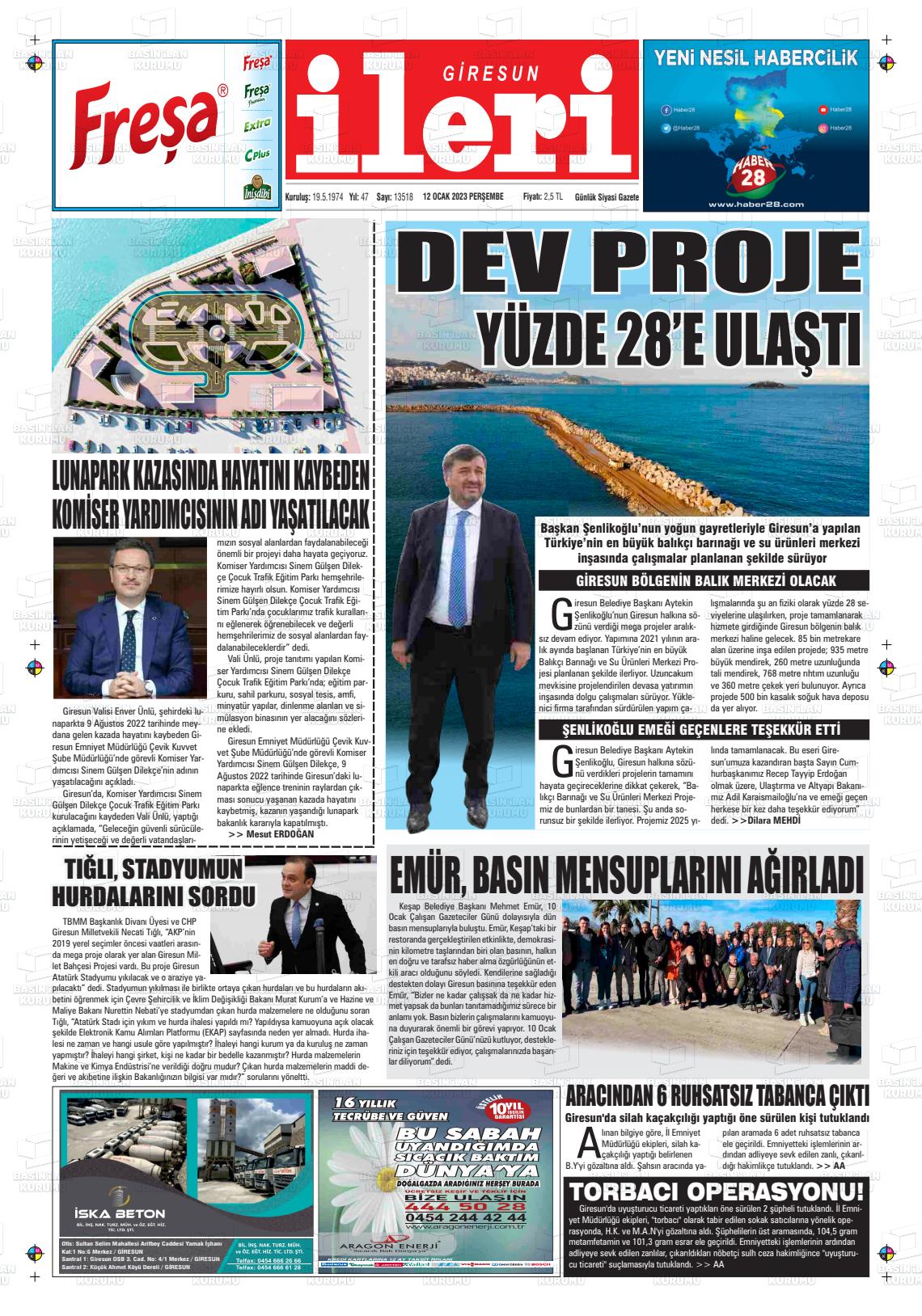 12 Ocak 2023 Giresun İleri Gazete Manşeti